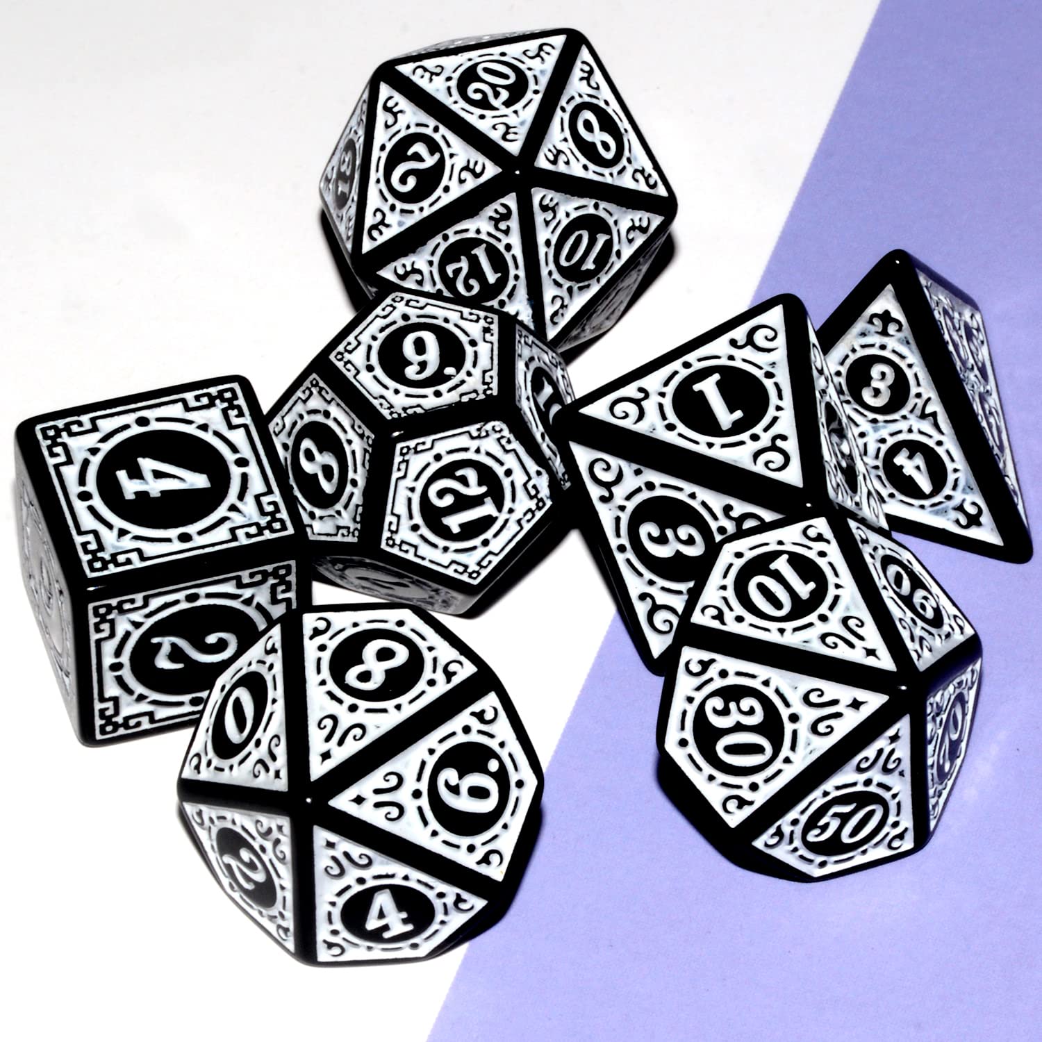 Premium White & Black DND Dice Set - 7-Piece Polyhedral RPG Dice for Dungeons & Dragons, Pathfinder & Tabletop Board Games - Perfect for Gifts, Campaigns & Game Nights