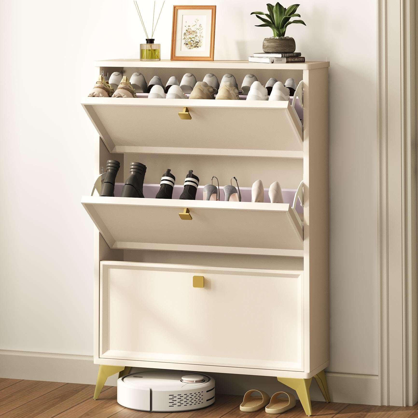 3-Tier Shoe Storage Cabinet with Flip Drawers & Removable Shelves - Freestanding Shoe Organizer with Gold Handles & Metal Legs for Entryway, Closet or Bedroom (9.6