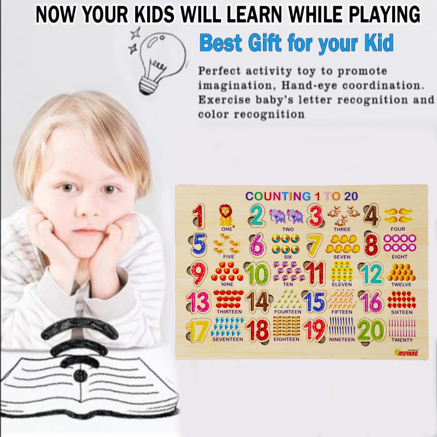 PARTEET Wooden Counting Puzzle 1-20 - Educational Math Learning Toy for Toddlers & Preschool Kids - Montessori Early Learning Activity for Boys & Girls - Perfect for Homeschooling & Classroom Use
