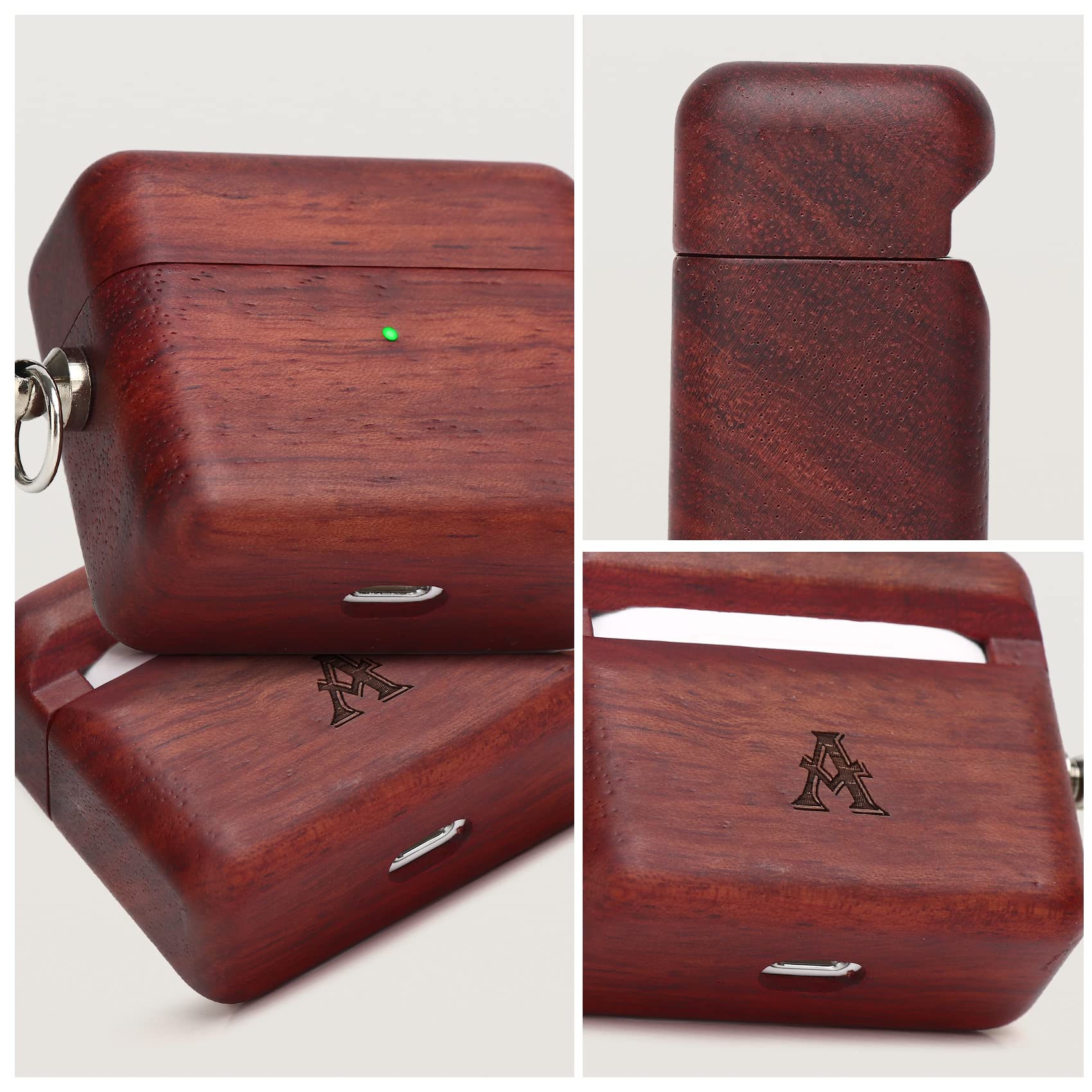 Wood AirPods Case for AirPods 3 (2021) - Rose Wood Protective Cover with Carabiner for Outdoor & Travel