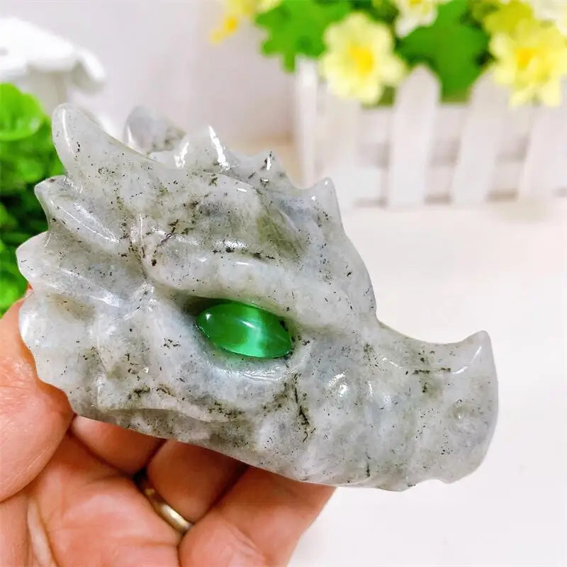 Natural Labradorite Dragon Skull Crystal Carving - Feng Shui Healing Art, Home Decor & Spiritual Gift (1PC) | Perfect for Meditation Spaces, Office Desks & Unique Gift Giving