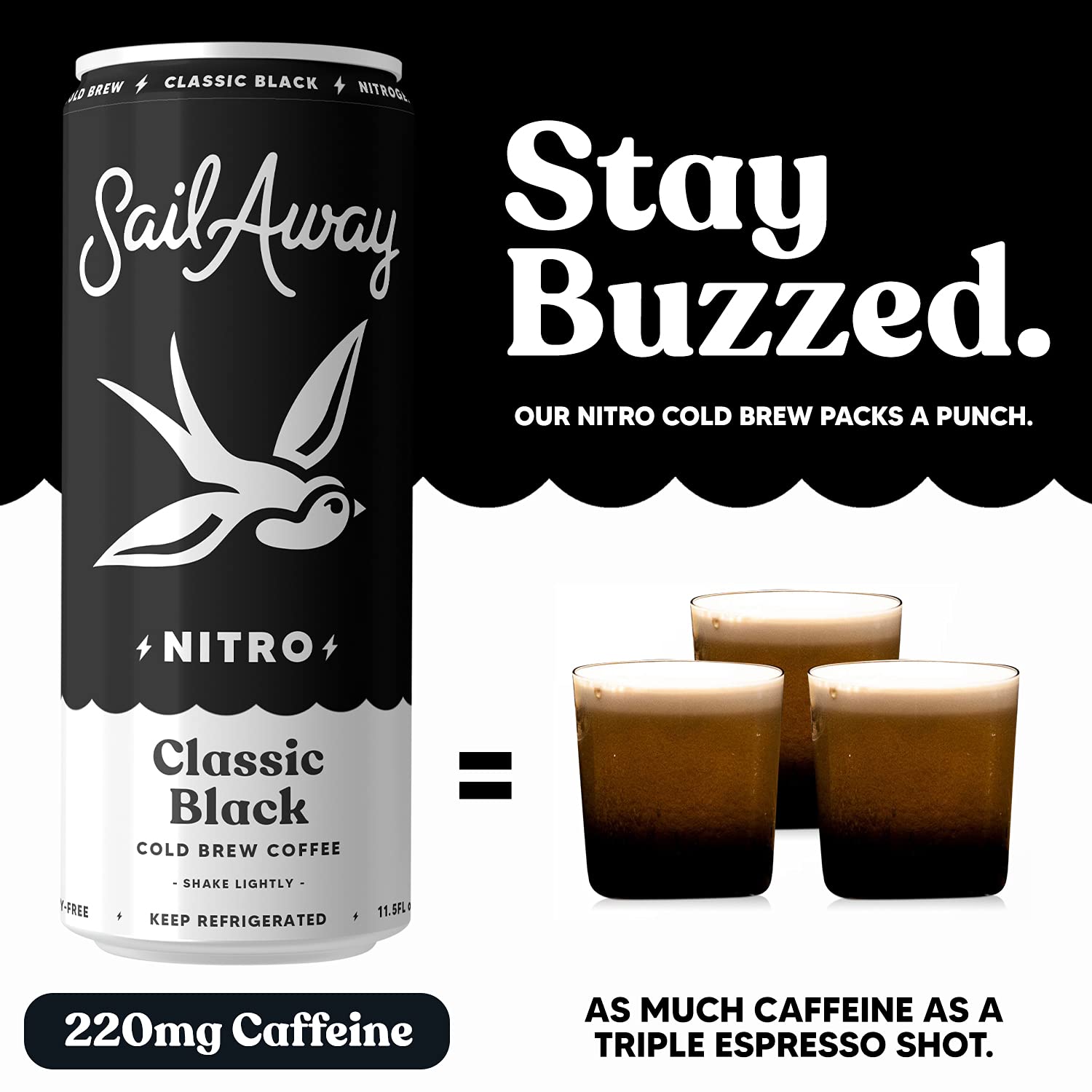 Nitro Cold Brew Coffee Cans - Low Acid, High Caffeine (220mg) | Gluten Free, Organic, Keto-Friendly Black Coffee | 12-Pack for Office, Gym & Outdoor Adventures