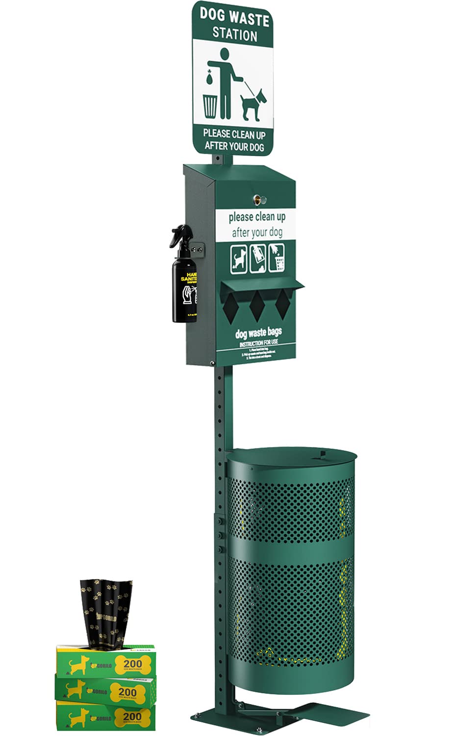 Glow in the Dark Pet Waste Station with Foot Pedal - 600 Dog Poop Bags & 50 Trash Can Liners - Outdoor Dog Waste Disposal System with Dispenser, Hand Sanitizer & Lidded Trash Can - Perfect for Parks, Backyards & Pet-Friendly Communities
