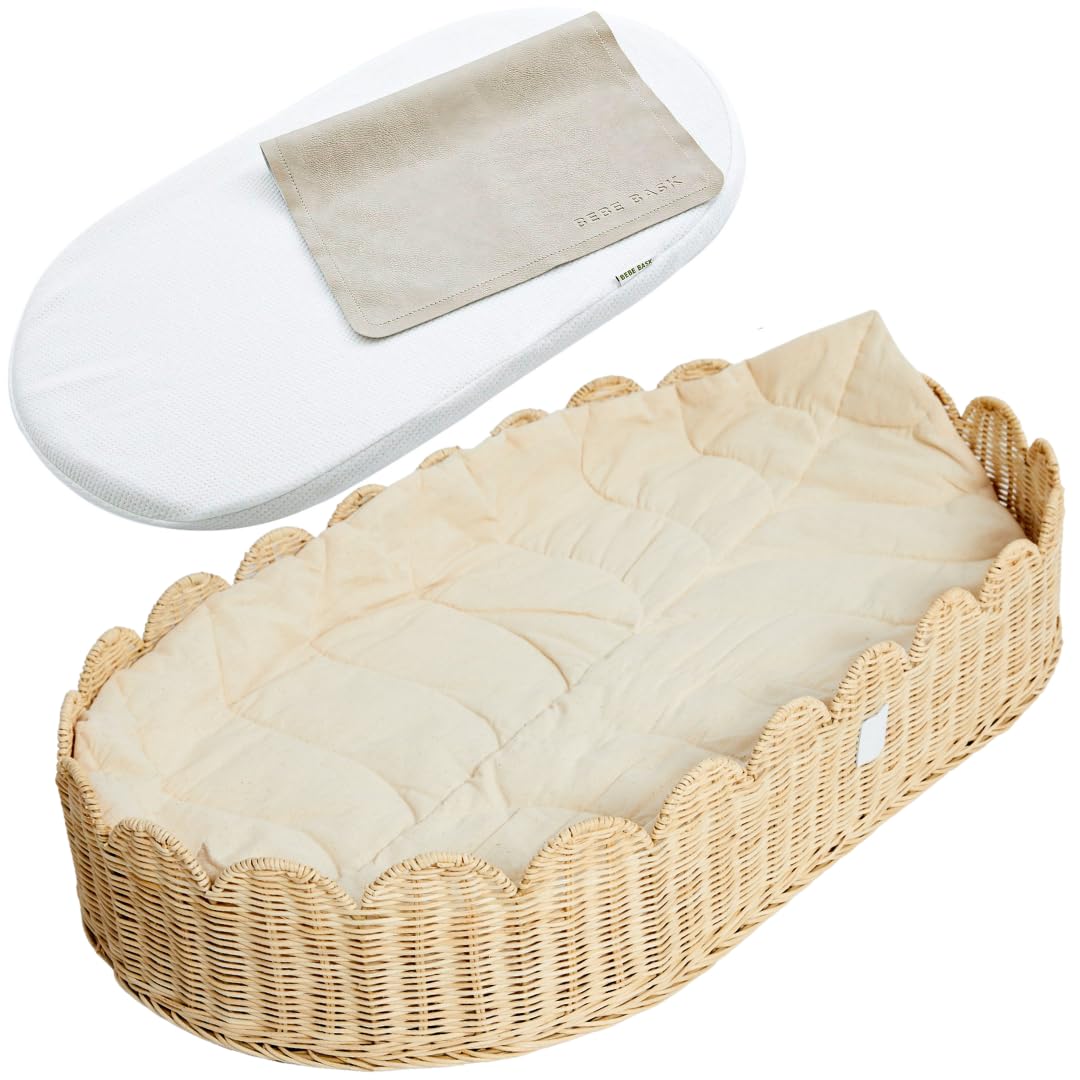 Premium Baby Changing Basket Set - Handwoven Scalloped Rattan Nursery Organizer with Changing Pad & Accessories | Natural Bamboo Diaper Caddy for Nursery, Bedroom & Baby Shower Gift
