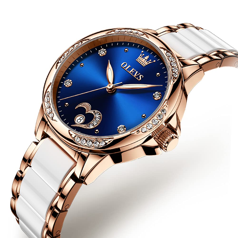 OLEVS Rose Gold Women's Automatic Watch with Two-Tone Stainless Steel & Ceramic Bracelet, Diamond-Accented Self-Winding Watch - Red/Blue/White Dial (No Battery Required) | Perfect for Business, Party & Everyday Wear