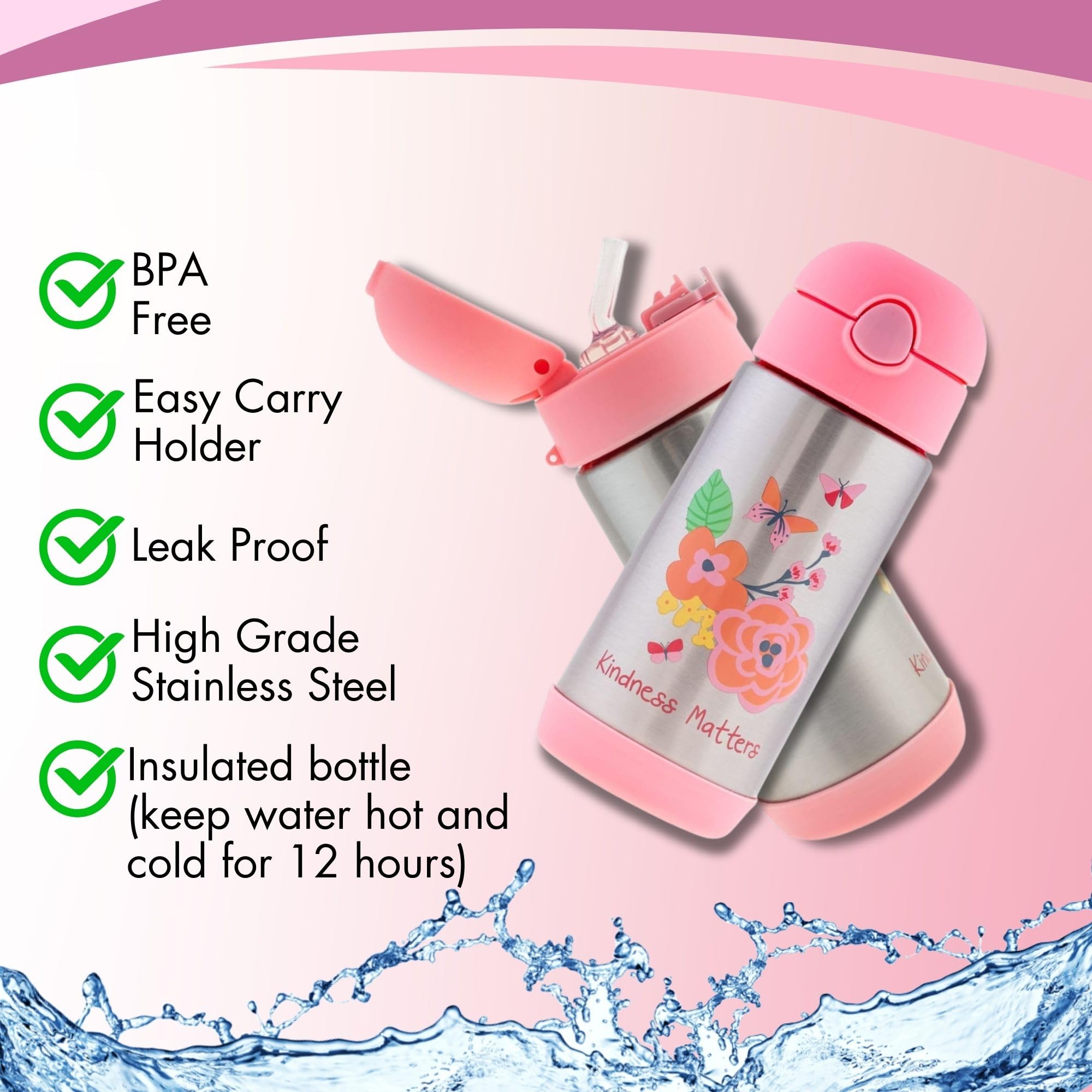 Stephen Joseph Double Wall Stainless Steel Water Bottle for Kids - 11.8oz Vacuum Insulated Toddler Bottle with Straw, BPA-Free, Leak Proof, FLORAL Design (SJ1212) - Perfect for School, Travel & Outdoor Activities