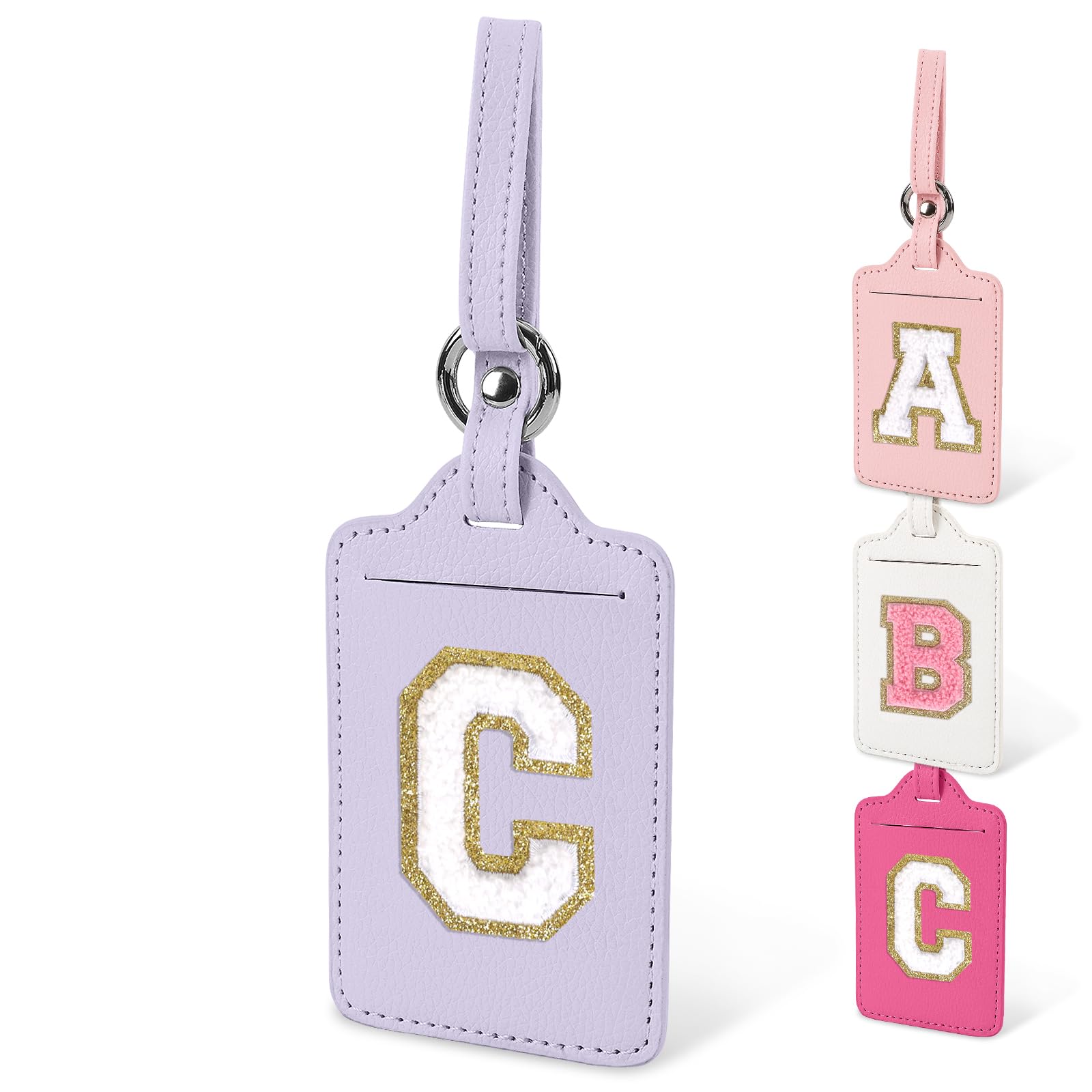 Personalized Initial Luggage Tags for Suitcases - Cute PU Leather Travel Bag Tags with Letters for Men, Women & Kids - Durable Suitcase Identifier for Handbags & Backpacks (Purple-White C) - Perfect for Air Travel, Cruise Vacations & Business Trips