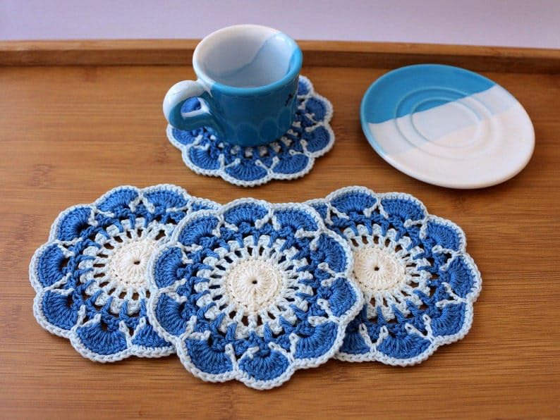 Handmade Crochet Doily Coasters Set of 6 - Blue and White Cotton Coasters - Perfect for Tea Cups, Coffee Mugs & Home Decor - Made to Order