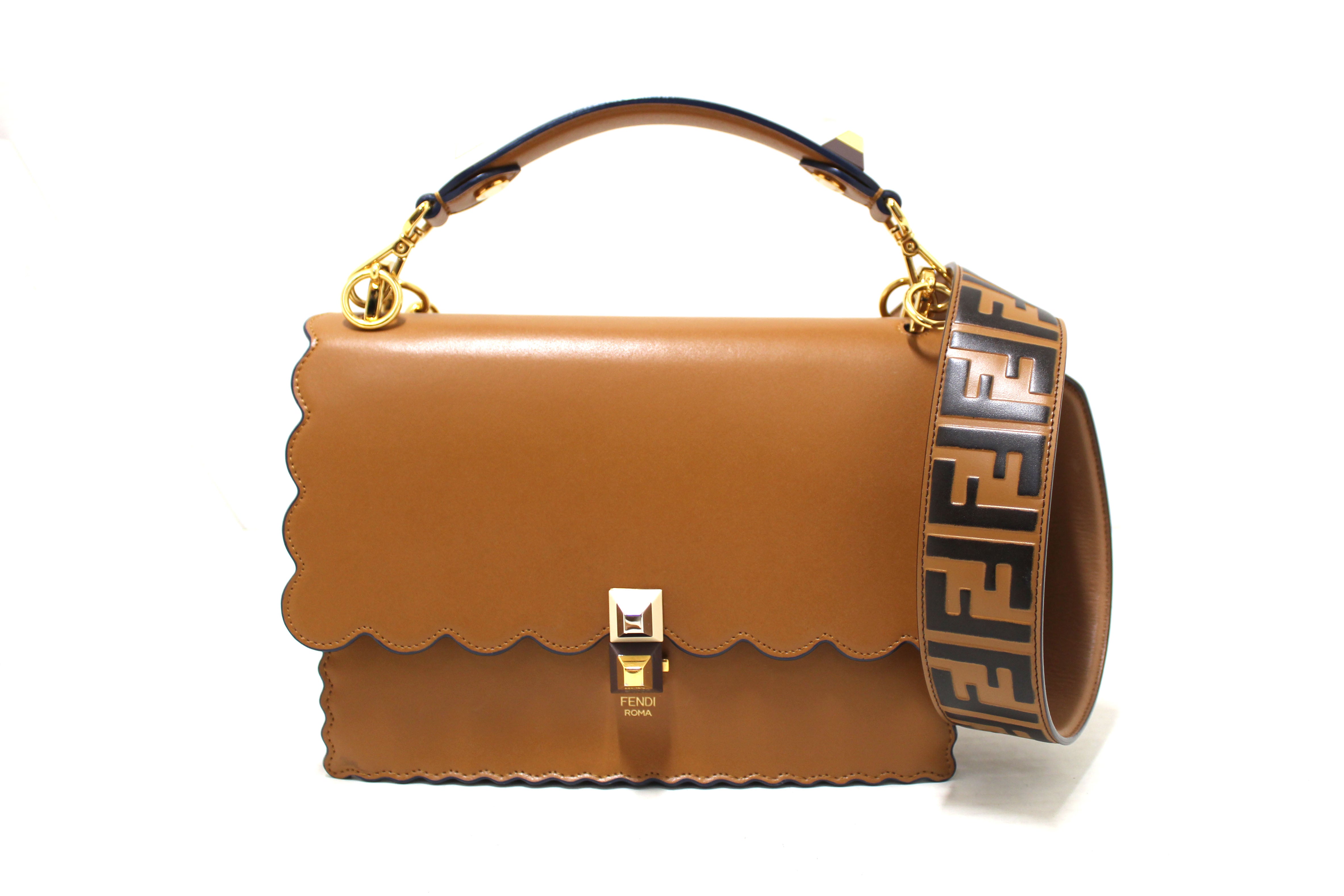 Authentic Fendi Brown Scallop Leather Mini I Kan Chain Shoulder Bag with Extra Strap - Luxury Crossbody Purse for Women, Perfect for Date Night & Evening Events