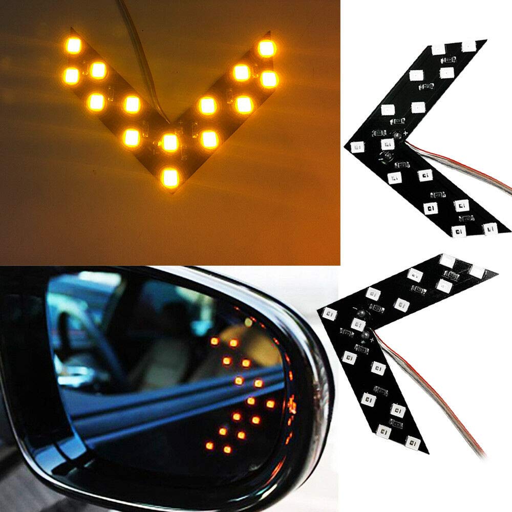 2 Pack Amber 14 SMD LED Arrow Panel Turn Signal Lights for Car Rear View Mirror - Universal Fit for Most Vehicles, Enhances Visibility & Safety (Day/Night Use)