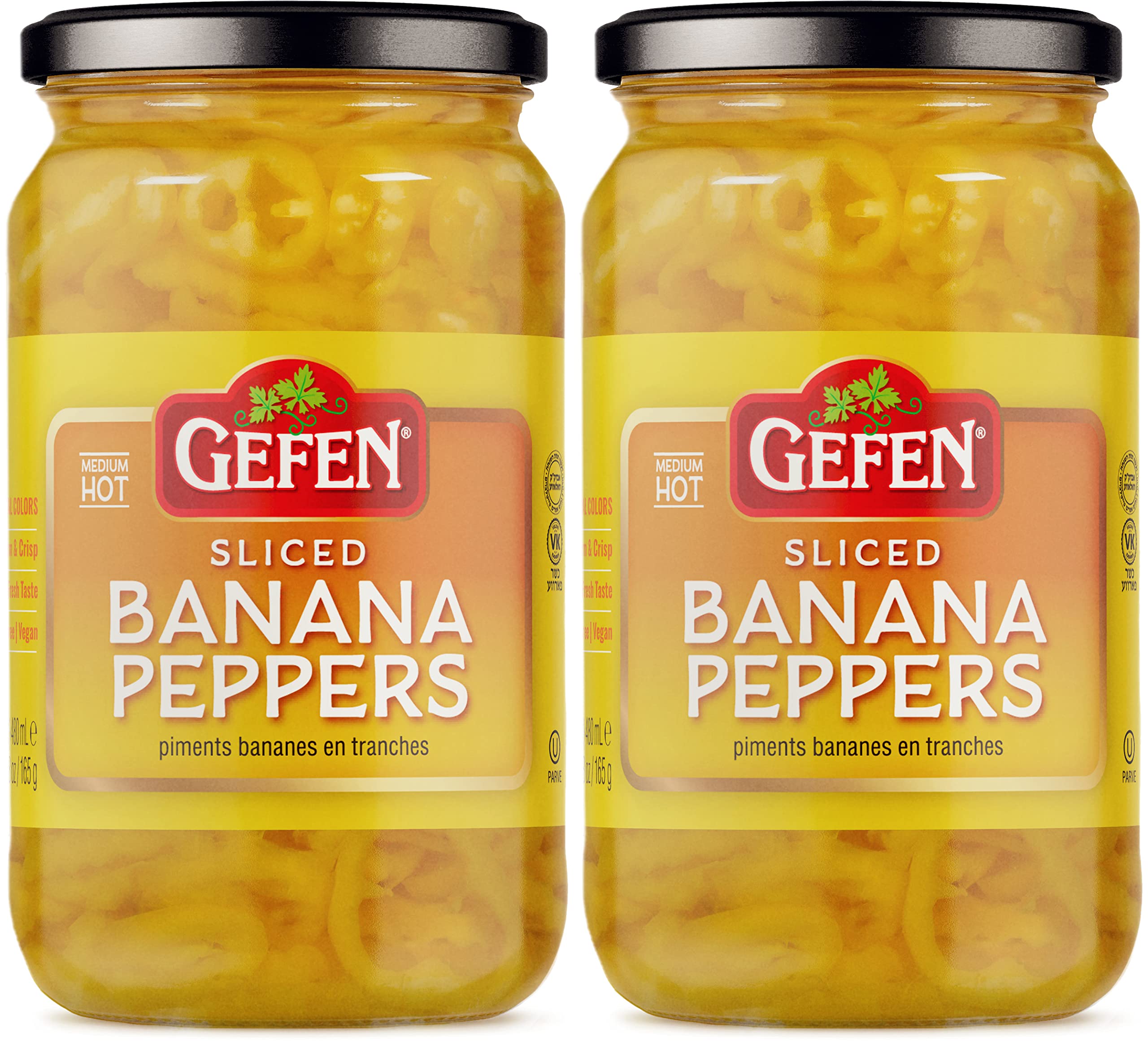 Gefen Deli Sliced Banana Pepper Rings, 16oz (2 Pack) - Mild Heat Pickled Peppers | Stem-Free | Kosher Certified | Perfect for Sandwiches, Salads, Nachos & Pizza Toppings | Great for Meal Prep, BBQ Parties & Charcuterie Boards