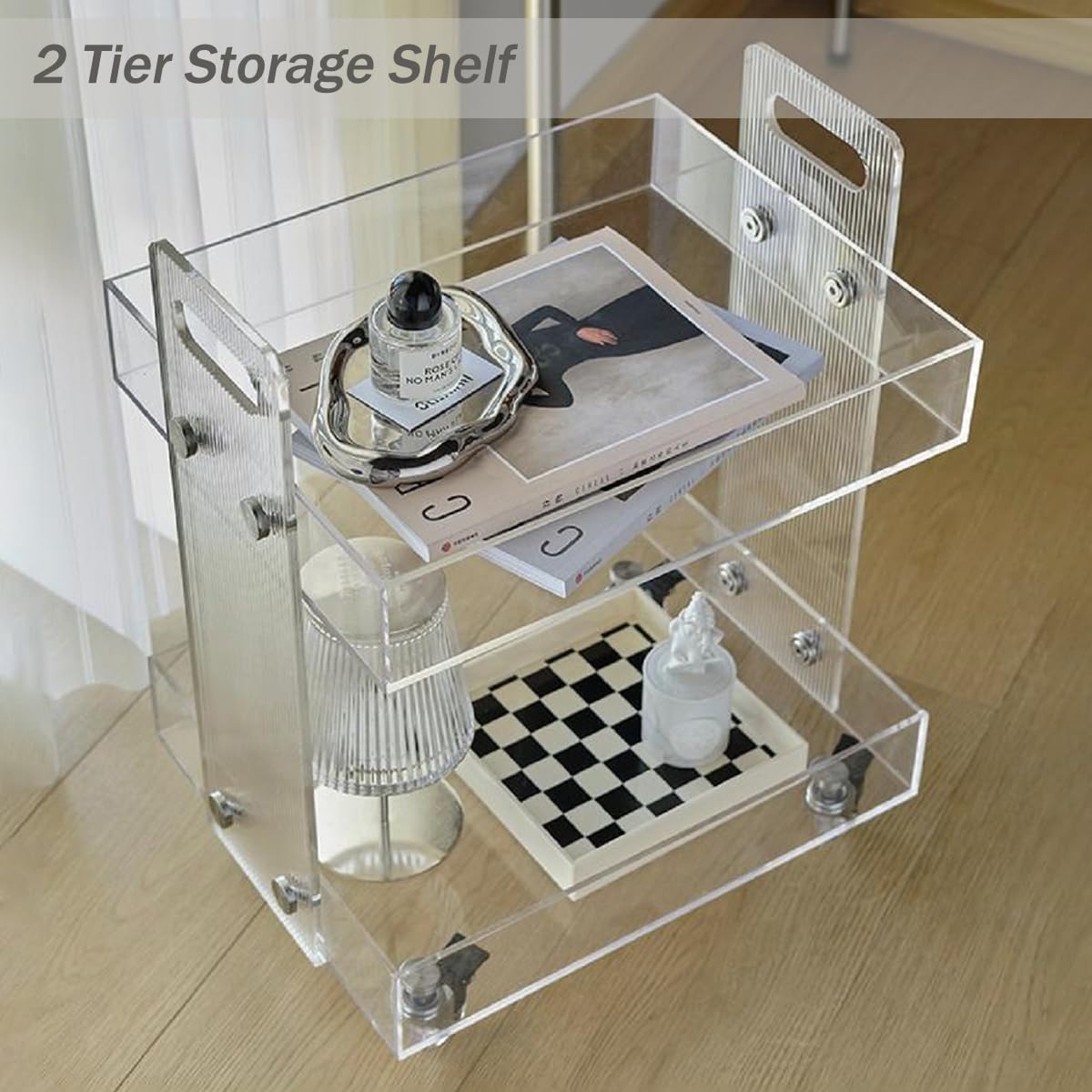 Gdrasuya10 2-Tier Clear Acrylic Rolling Serving Cart with Wheels - 16 Inch Mobile Side Table for Living Room, Bedroom, Party & Balcony - Perfect for Snacks, Drinks, Books & Home Decor Storage
