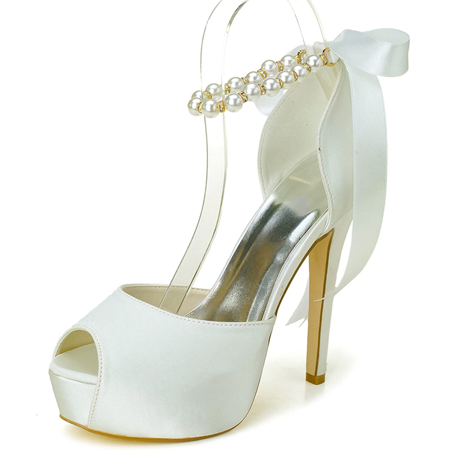 PALHERU Women's Peep Toe Satin Wedding Shoes - Comfortable High Heels with Pearl Ankle Strap Buckle for Brides, Evening Parties & Special Occasions
