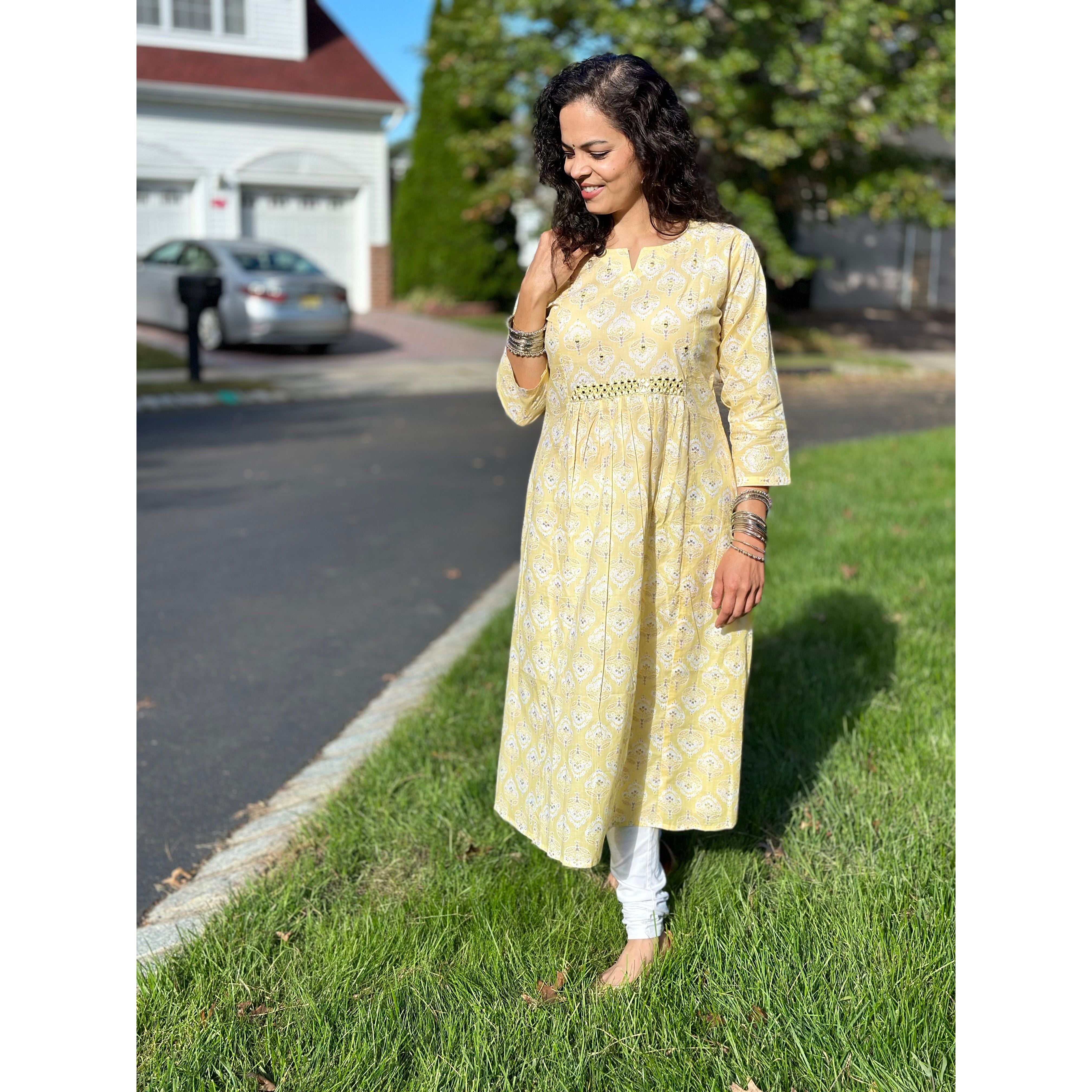 Stylish Yellow and White Kurti with Elegant Mirror Embroidery - Perfect for Festivals, Parties & Casual Wear