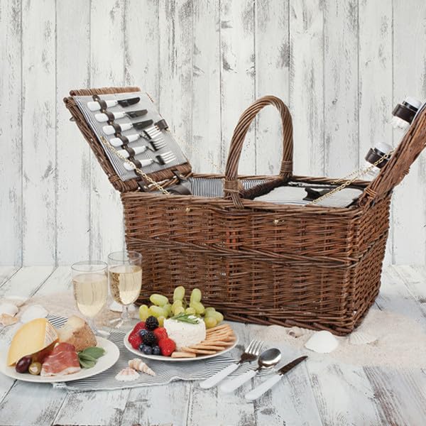 Twine Cape Cod Wicker Picnic Basket Set for 4 with Insulated Compartments - Includes Silverware, Plates, Napkins, Wine Glasses & Accessories | Perfect for Outdoor Dining, Beach Picnics, Camping & Garden Parties