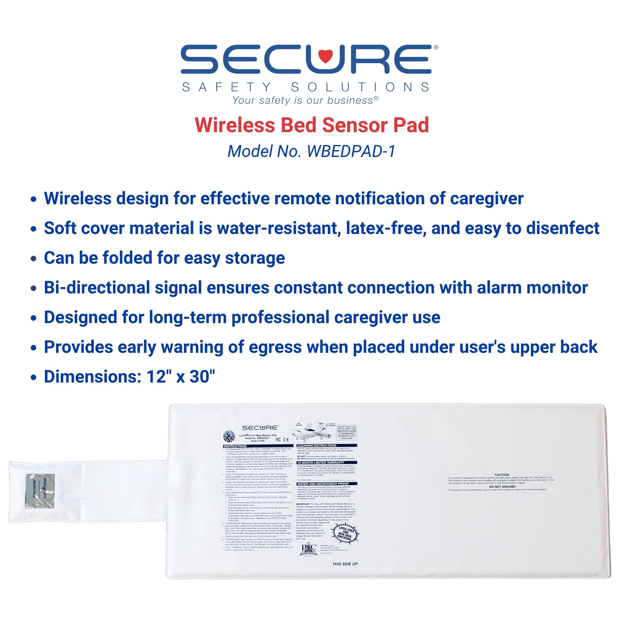 Wireless Bed Alarm for Elderly - 12x30 Inch Sensor Pad with Remote Alert Monitor - Fall Prevention & Bed Exit Alert System for Dementia Patients - Ideal for Home Care, Nursing Homes, and Assisted Living Facilities