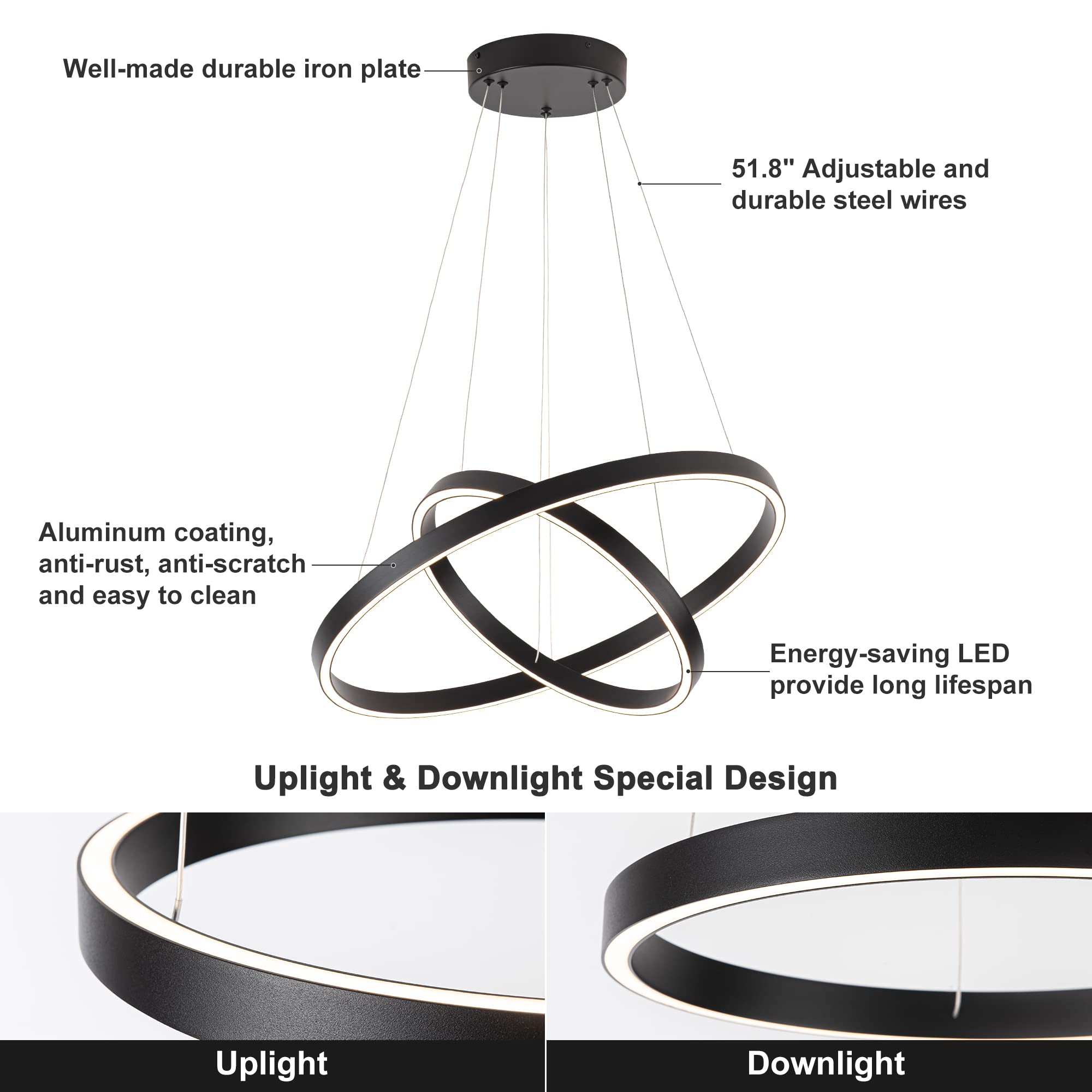 Modern LED Chandelier - 2 Ring Contemporary Circular Pendant Light, Black Dimmable Hanging Ceiling Fixture for Living Room & Dining Room | Elegant Lighting for Home Decor, Parties & Restaurants