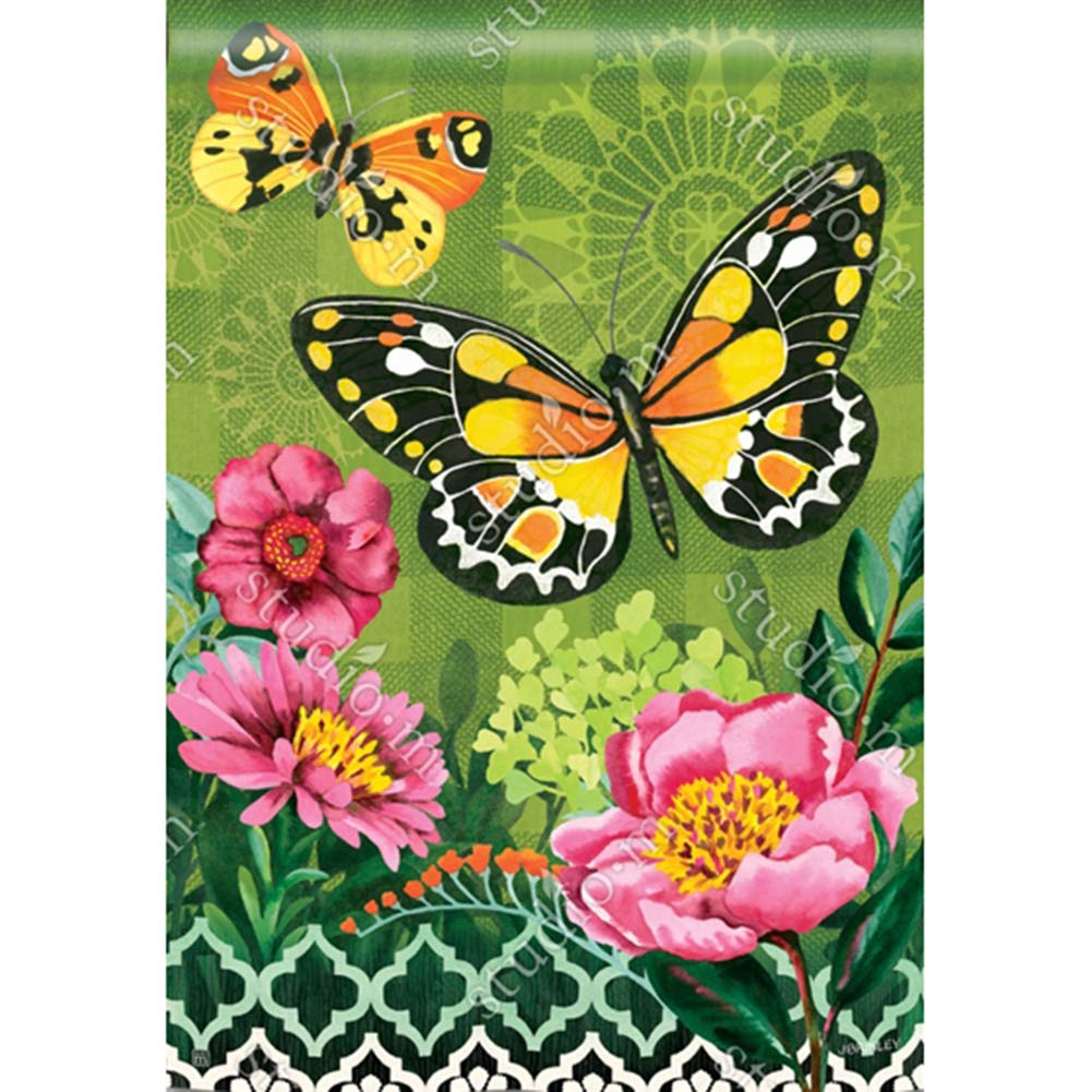 House Flag with Butterflies and Pink Flowers - Decorative Garden Flag for Outdoor Patio, Yard, and Front Porch Decor