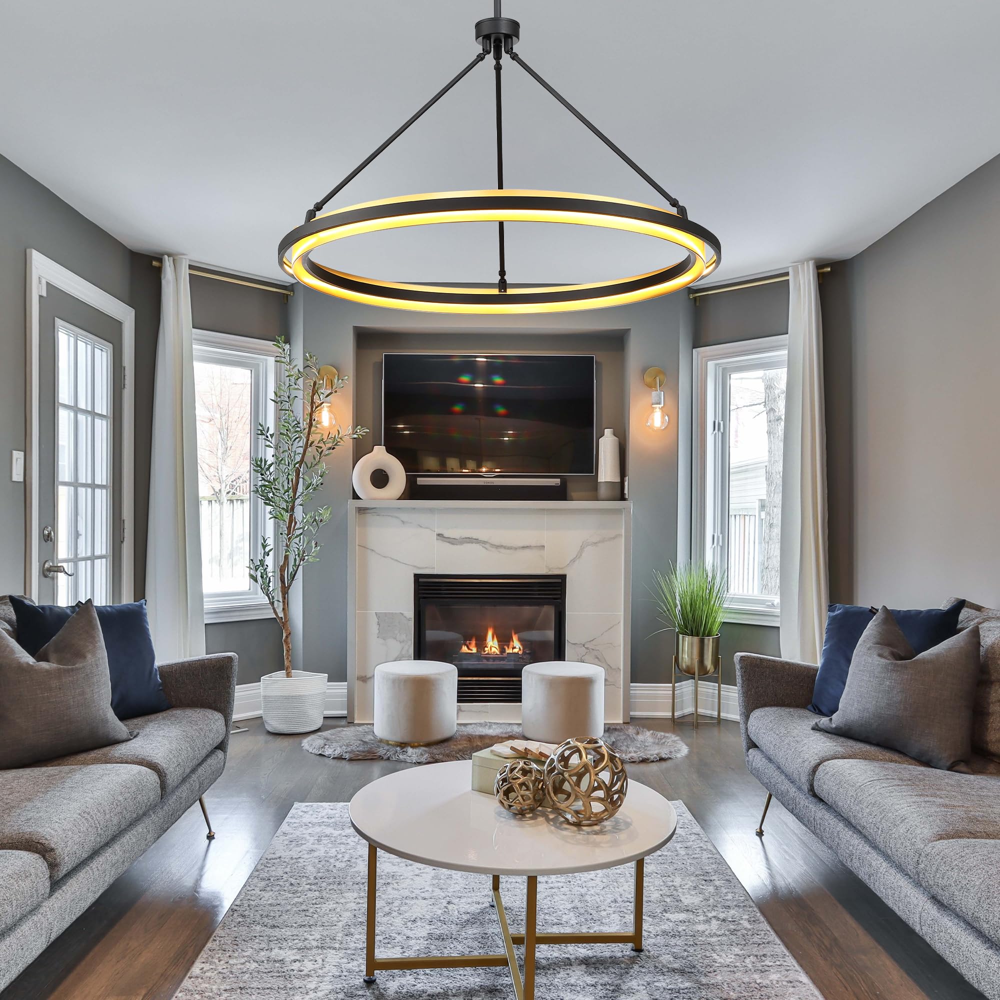 Modern Black & Gold LED Round Chandelier - Adjustable Hanging Pendant Light Fixture for Kitchen Island, Dining Room, Bedroom | Energy-Efficient Ceiling Lighting for Home Decor & Ambiance