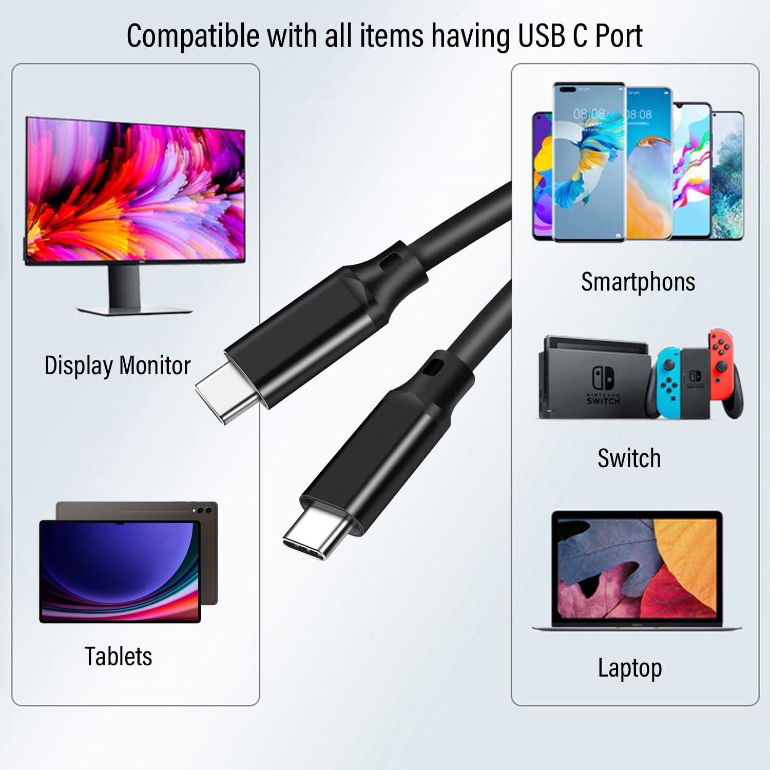 USB-C to USB-C Cable 6.6Ft Fast Charging 100W & 20Gbps Data Transfer - Compatible with Apple iPhone 15/16, MacBook Pro, iPad Air, Samsung Galaxy, Dell, LG, ARZOPA, KYY Portable Monitor - 4K Video Support for Work, Travel & Home Office Use