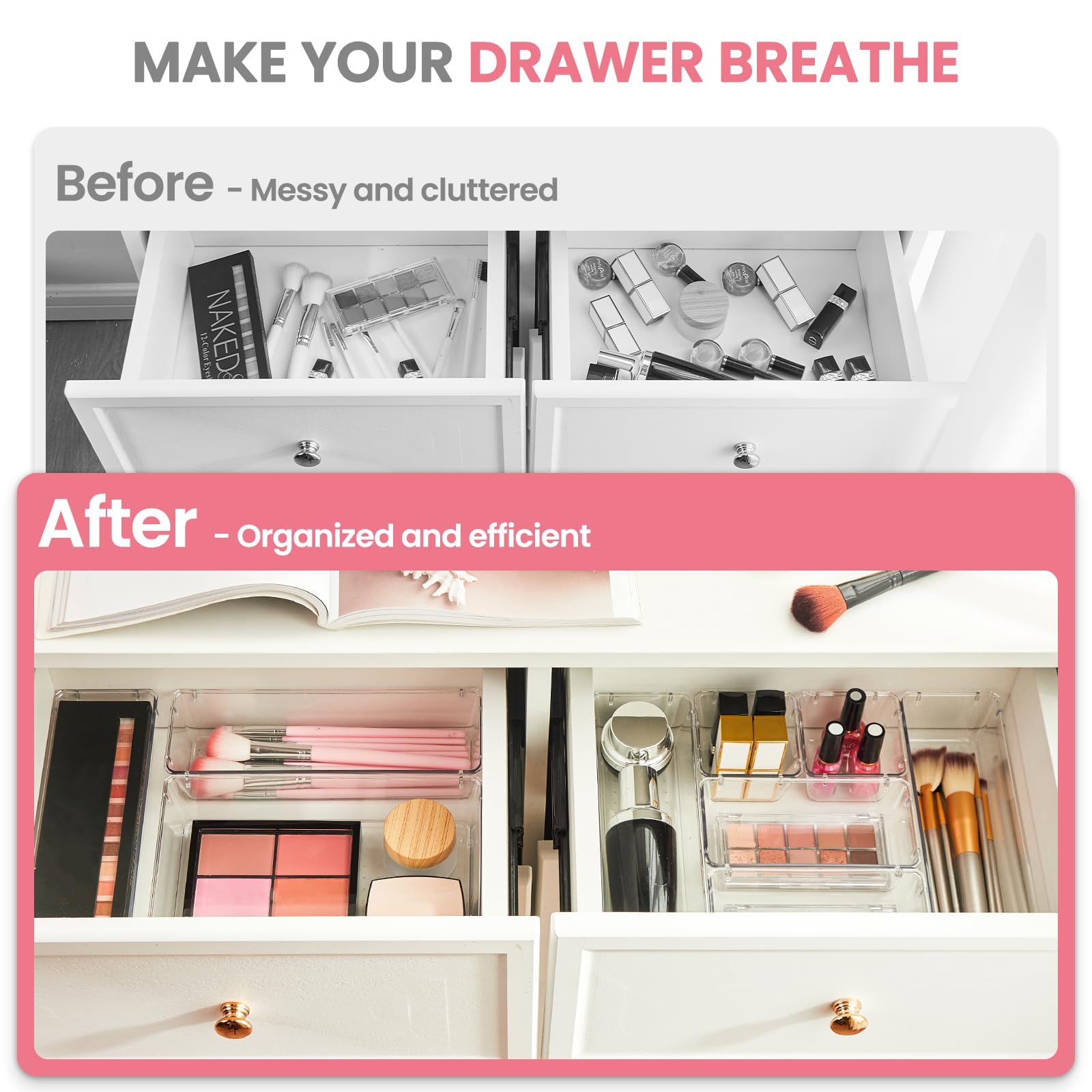 HOUSE DAY 17-Piece Clear Makeup Drawer Organizer Set with Non-Slip Silicone Pads - 4-Size Vanity Storage Trays for Cosmetics, Jewelry & Office Supplies - Perfect for Desk, Bathroom, Kitchen & Office Organization