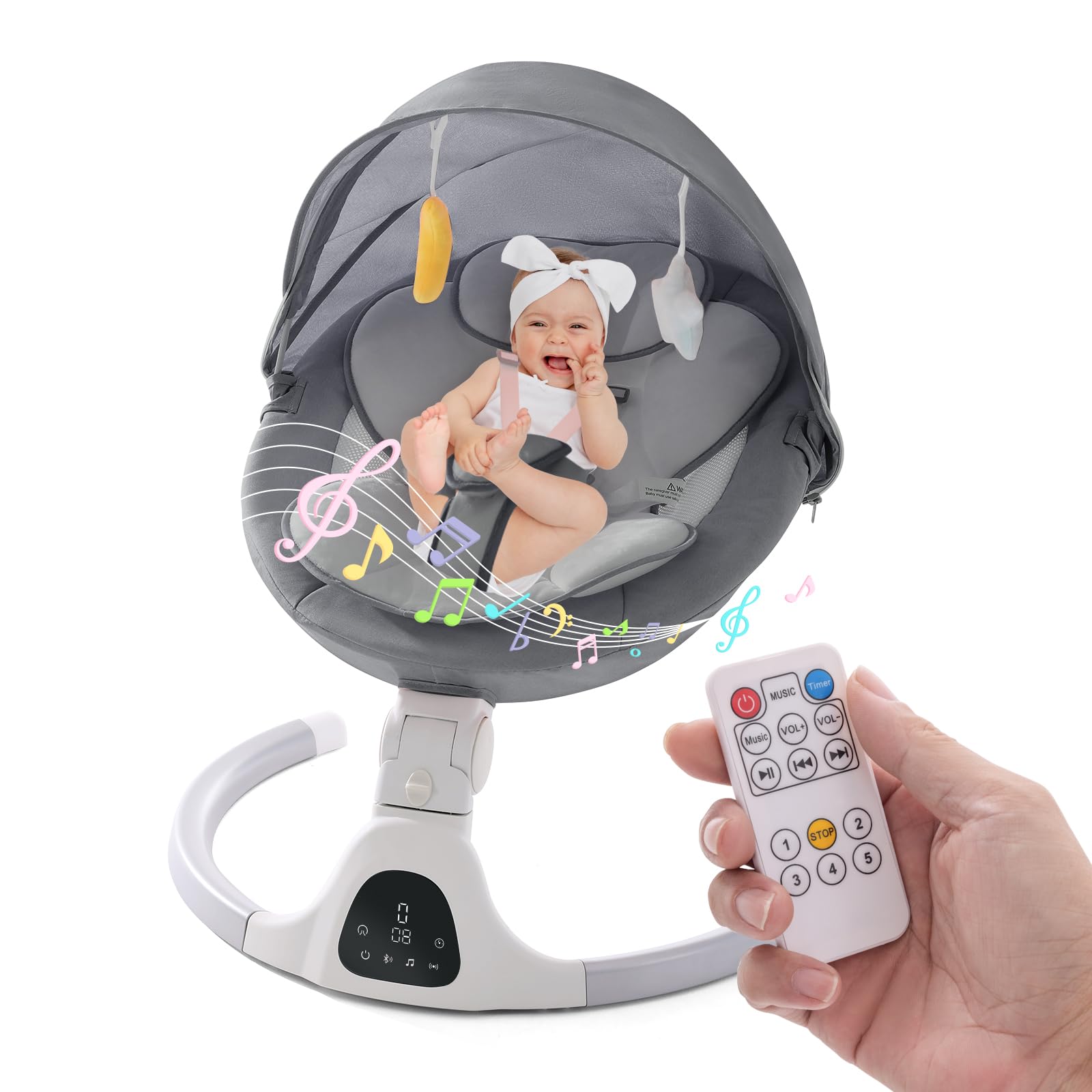 **Portable Baby Swing for Infants & Newborns - Comfort Cradling Rocker with Music, Remote Control & Timer - Grey | Perfect for Soothing, Napping & Playtime**