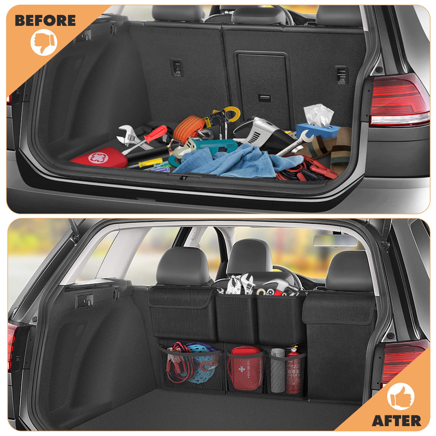 FINPAC Car Trunk Organizer & Storage - Detachable Seat Back Hanging Organizer with Zippers, Large Capacity SUV & Van Storage Accessories for Jeep, Truck, Minivan (Black) | Perfect for Road Trips, Camping & Grocery Shopping