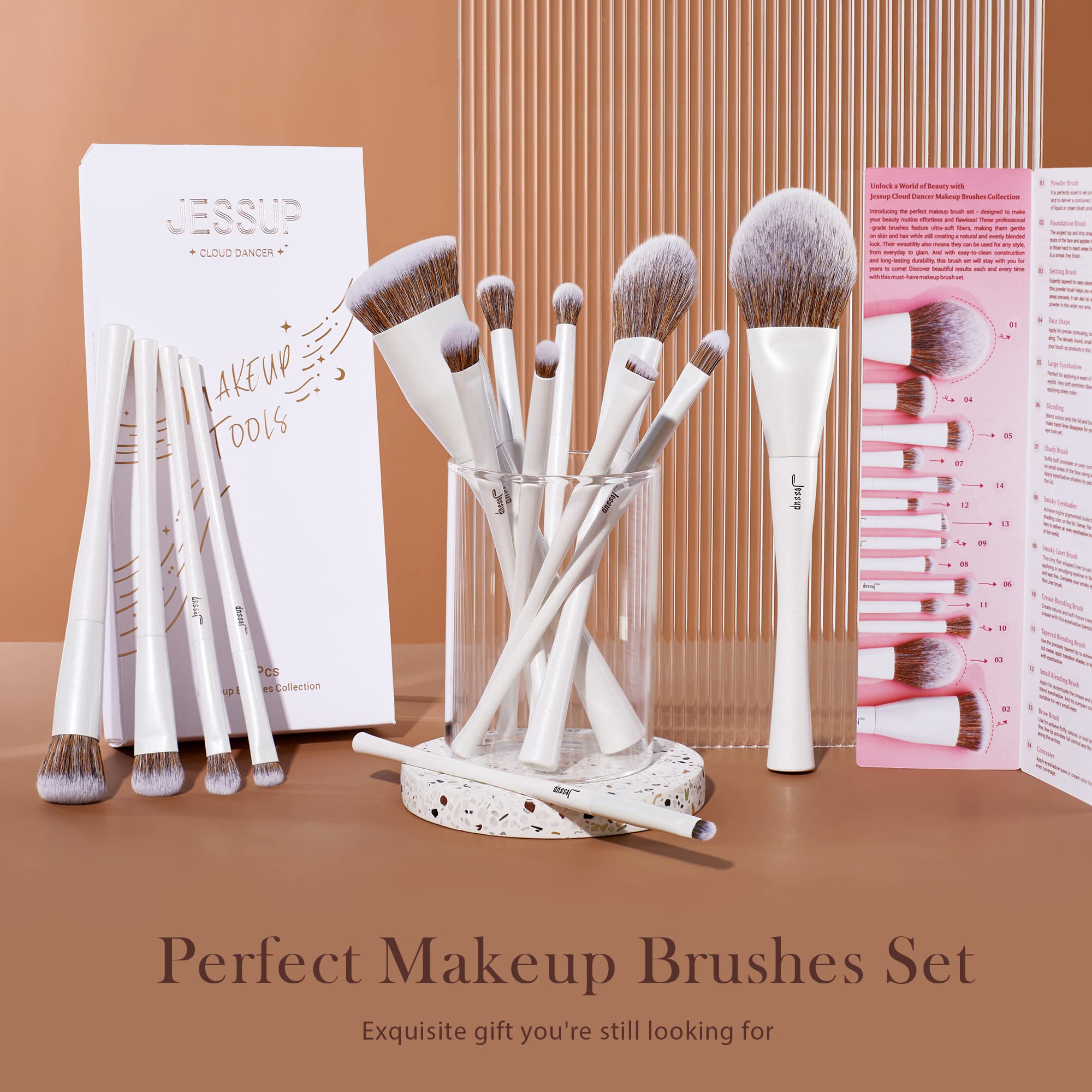 Jessup 14-Piece Premium Synthetic Makeup Brush Set - Foundation, Concealer, Blush, Contour, Powder & Eyeshadow Blending Brushes (Pearl White T343) - Perfect for Professional Makeup Artists & Beginners for Flawless Daily & Special Occasion Looks