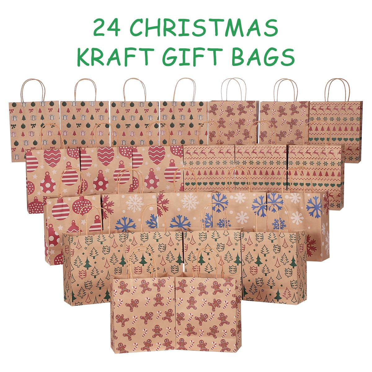 24pcs Christmas Kraft Gift Bags with 6 Festive Patterns - Eco-Friendly Holiday Paper Pouches for Party Favors, Candy, Gifts | Perfect for Christmas Parties, Office Exchanges & Festive Decorations