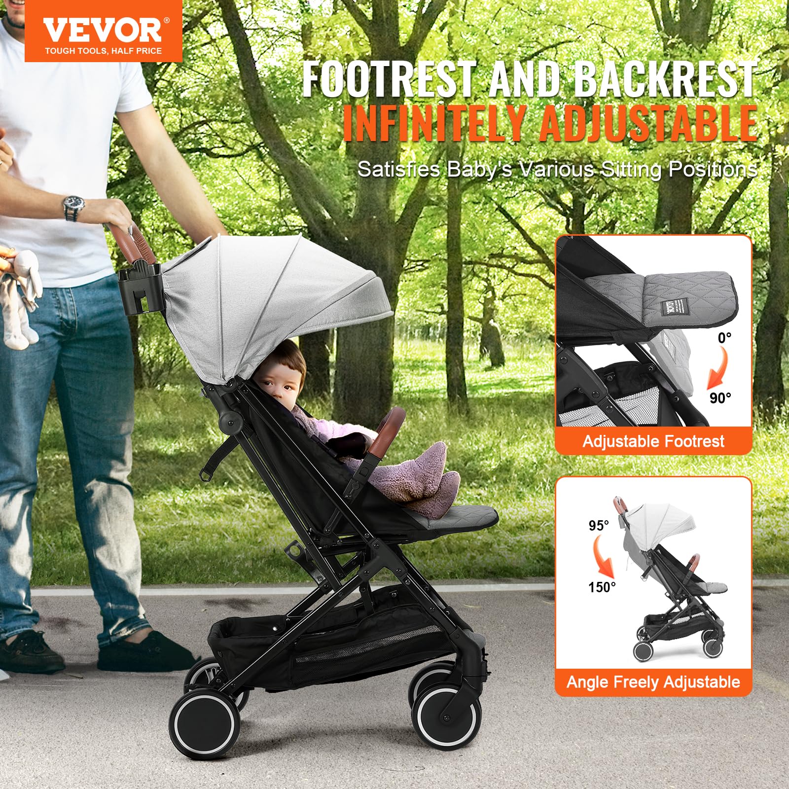 VEVOR Lightweight Baby Stroller with Adjustable Backrest (95°-150°) & Footrest (0°-90°), One-Click Fold, Cup Holder & Carry Bag - Perfect for Newborns & Toddlers - Ideal for Shopping, Travel & Daily Walks (Light Grey)