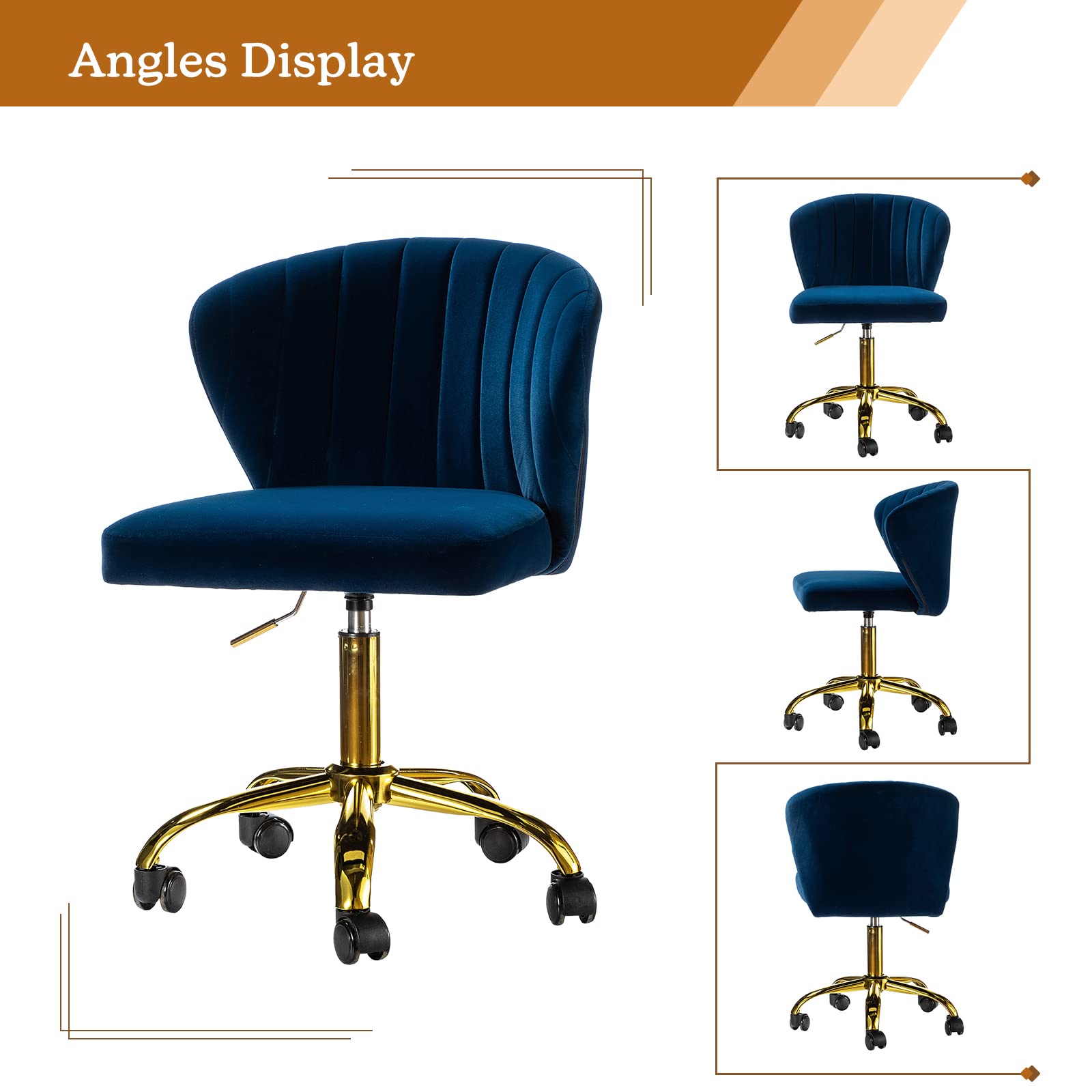 TINA'S HOME Modern Velvet Armless Office Chair with Wheels & Gold Base - Adjustable Low Back Swivel Rolling Task Chair for Home Office, Living Room, Vanity or Study - Navy Blue Upholstered Desk Chair for Comfortable Workspace