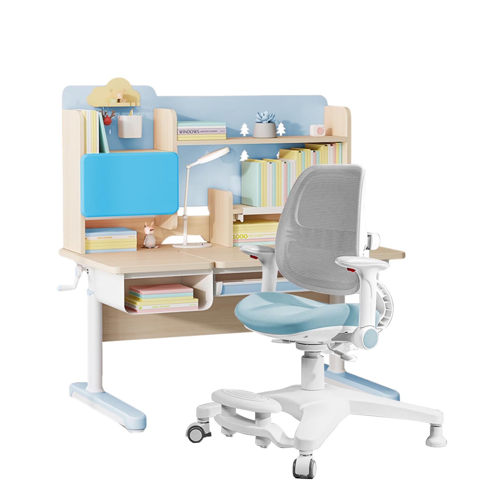 Adjustable Height Kids Desk and Chair Set - Ergonomic Wooden Study Table with Tiltable Desktop, Pull-Out Drawer, Bookshelf Hutch & Tablet Holder - Perfect for Homeschooling, Online Learning & Children's Bedroom (Blue)