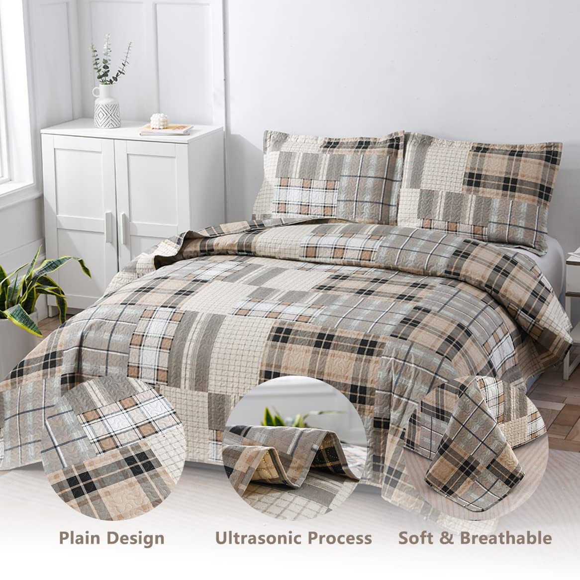 3 Pcs Plaid King Quilt Bedding Set - Lightweight Breathable Gingham Patchwork Coverlet with 2 Pillow Shams, Brown & Gray Checkered Bedspread for Summer | Perfect for Guest Rooms, Master Bedrooms & Cozy Home Decor