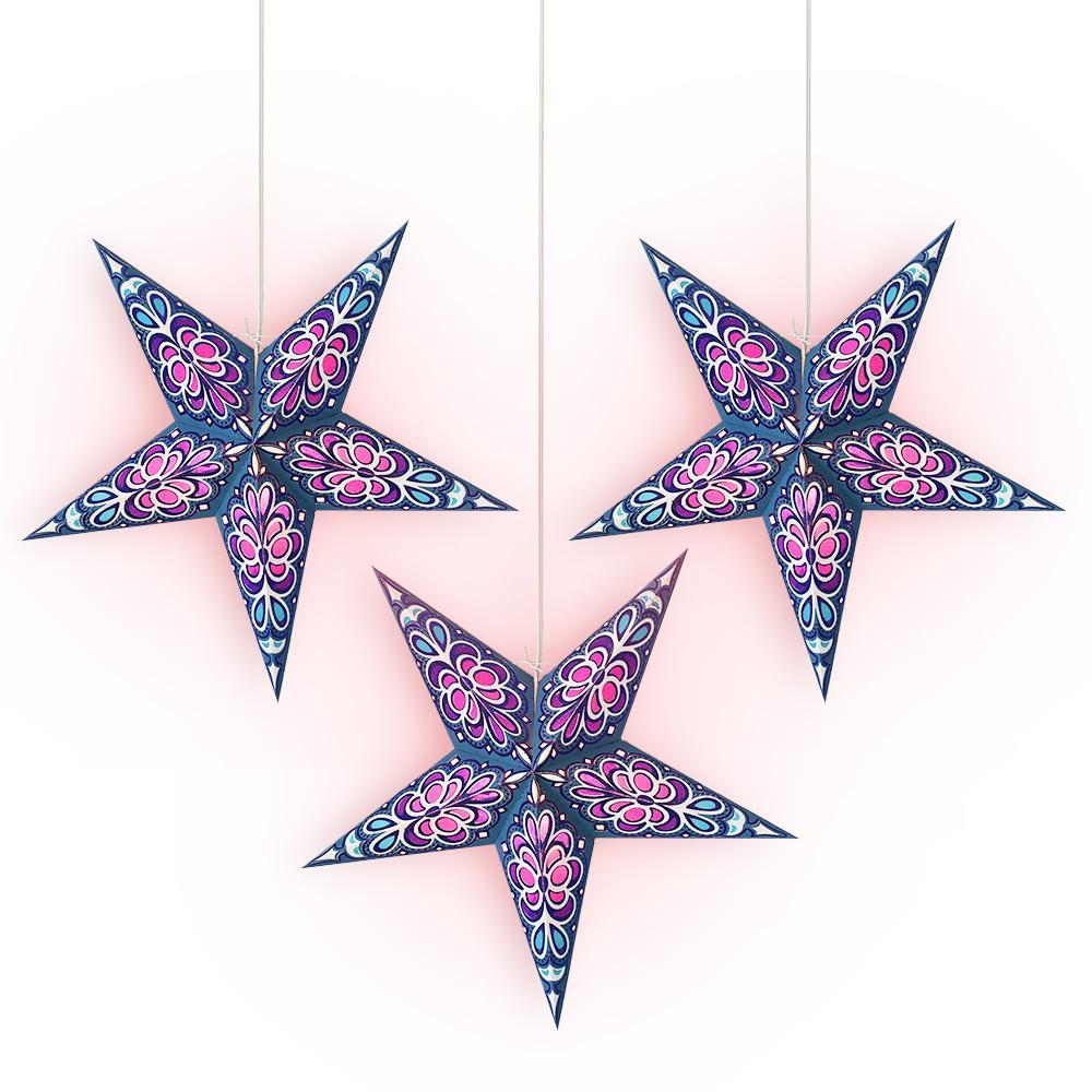 3 Pack Blue Merry Gold Glitter Paper Star Lanterns with LED Bulbs & Cord - Christmas Party Decorations, Holiday Home Lighting, Wedding & Indoor Outdoor Decor