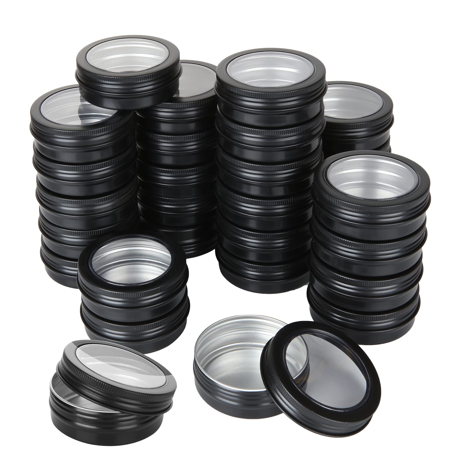 DAJAVE 30 Pack 2 Ounce Round Tin Cans with Screw Lids & Clear Window - Black Metal Tin Containers for Storing Spices, Candies, Candles, Gifts - Perfect for DIY Crafts, Wedding Favors, Party Decorations & Home Organization