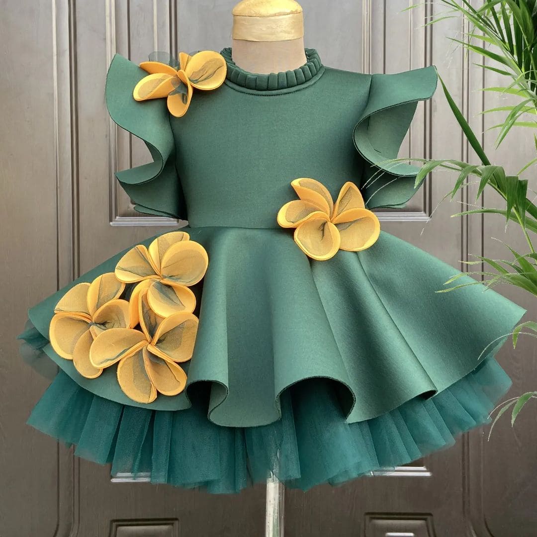 Pre Order: Elegant Green Knee Length Dress with Yellow Floral Print - Perfect for Spring Weddings, Garden Parties & Casual Outings
