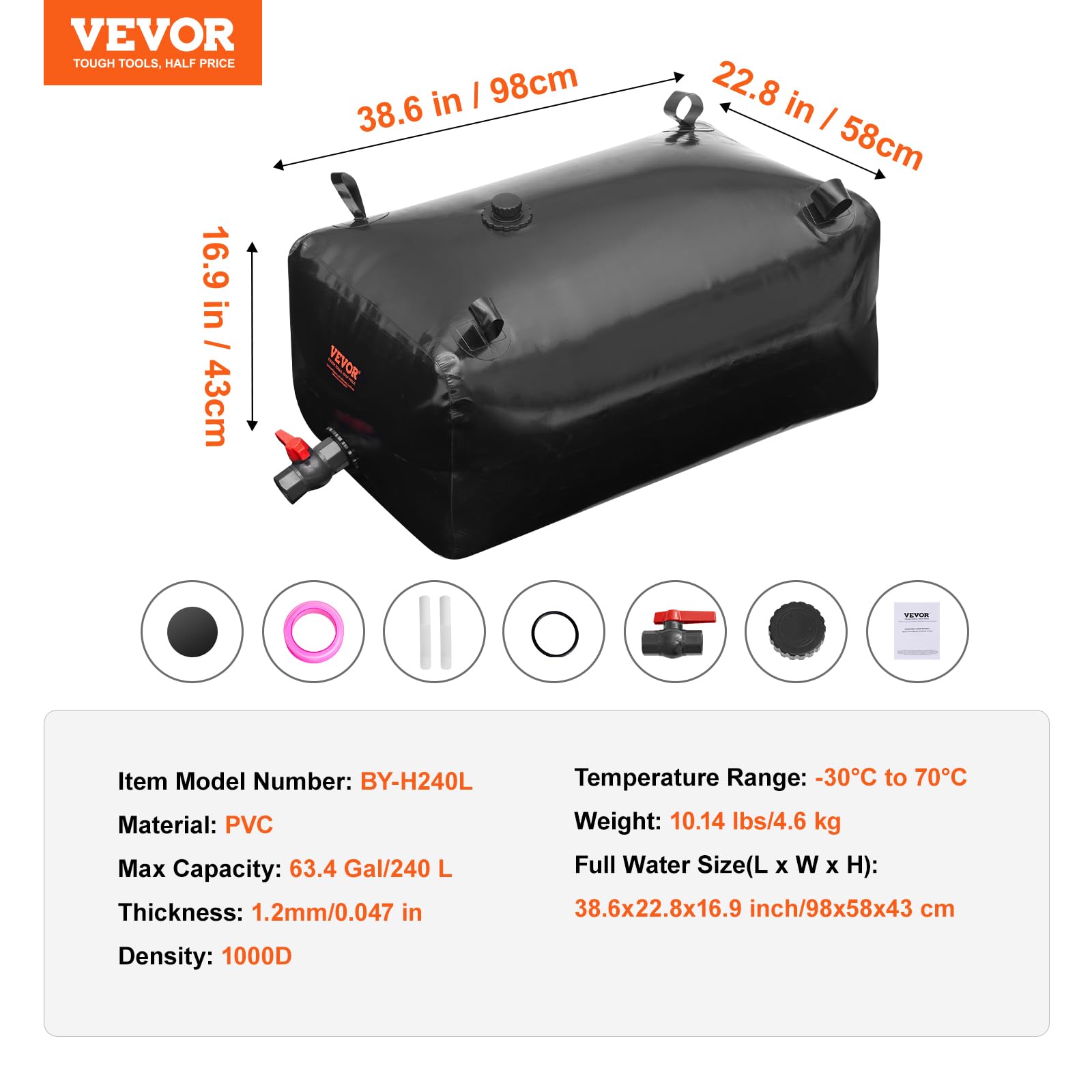 VEVOR 240L/63.4 Gallon Portable Water Storage Bladder - Heavy Duty 1000D PVC Collapsible Water Tank for RV, Camping, Emergency & Fire Prevention | Outdoor, Survival & Disaster Preparedness Essential