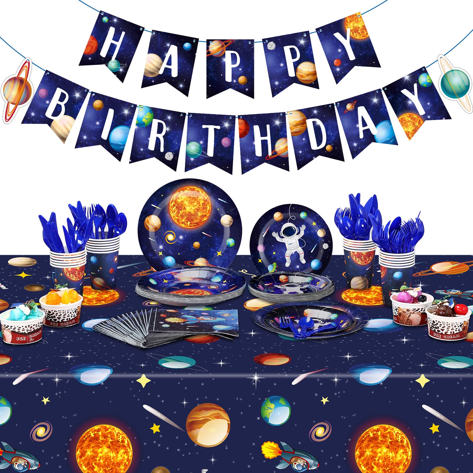 Outer Space Birthday Party Supplies Set for 24 Guests - Includes Solar System Tablecloth, Happy Birthday Banner, Paper Plates, Cups, Napkins & Utensils - Perfect for Kids' Space Themed Party Decorations & Astronaut Birthday Celebrations