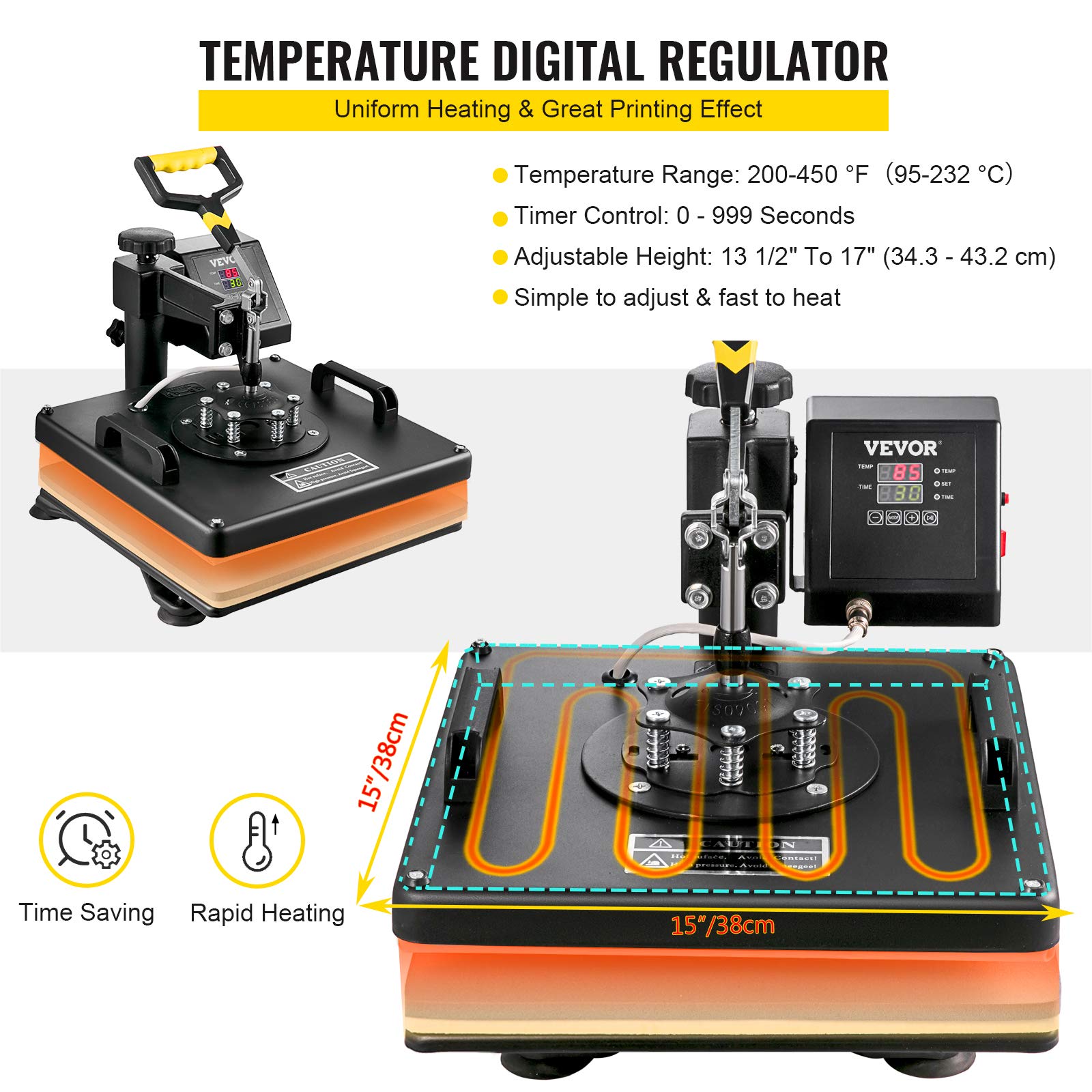 Mophorn 15x15 Inch 5-in-1 Heat Press Machine with Swing Away Design - T-Shirt Sublimation Printer, Mug, Hat & Plate Press Accessories - Teflon Coated Plates, ETL & FCC Certified (Black) - Perfect for DIY T-Shirts, Mugs, Hats & Custom Gifts
