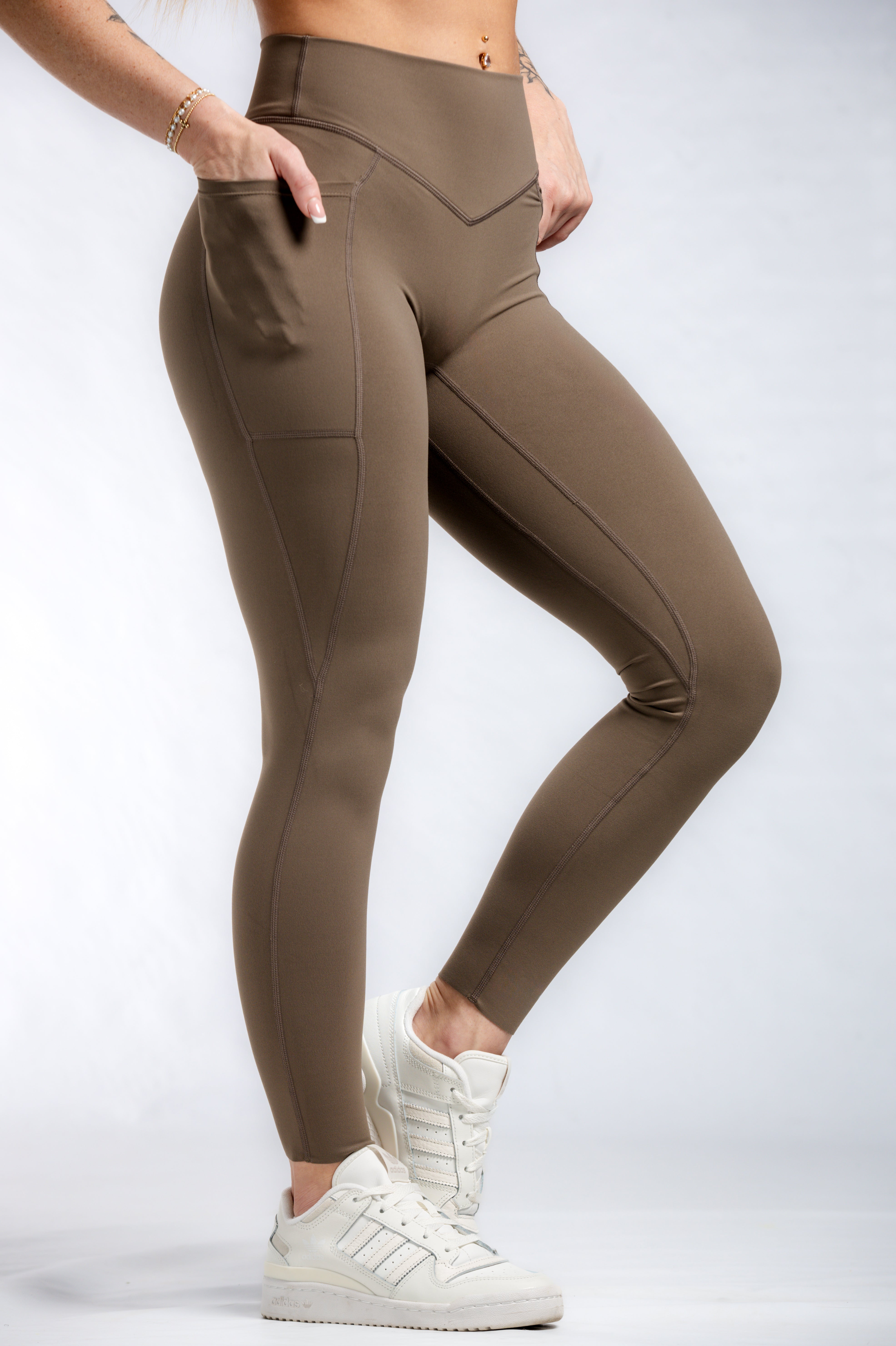 NKD Women's Mid Waist Leggings with Pockets - Battlefield Brown | Yoga, Running, Workout & Everyday Wear