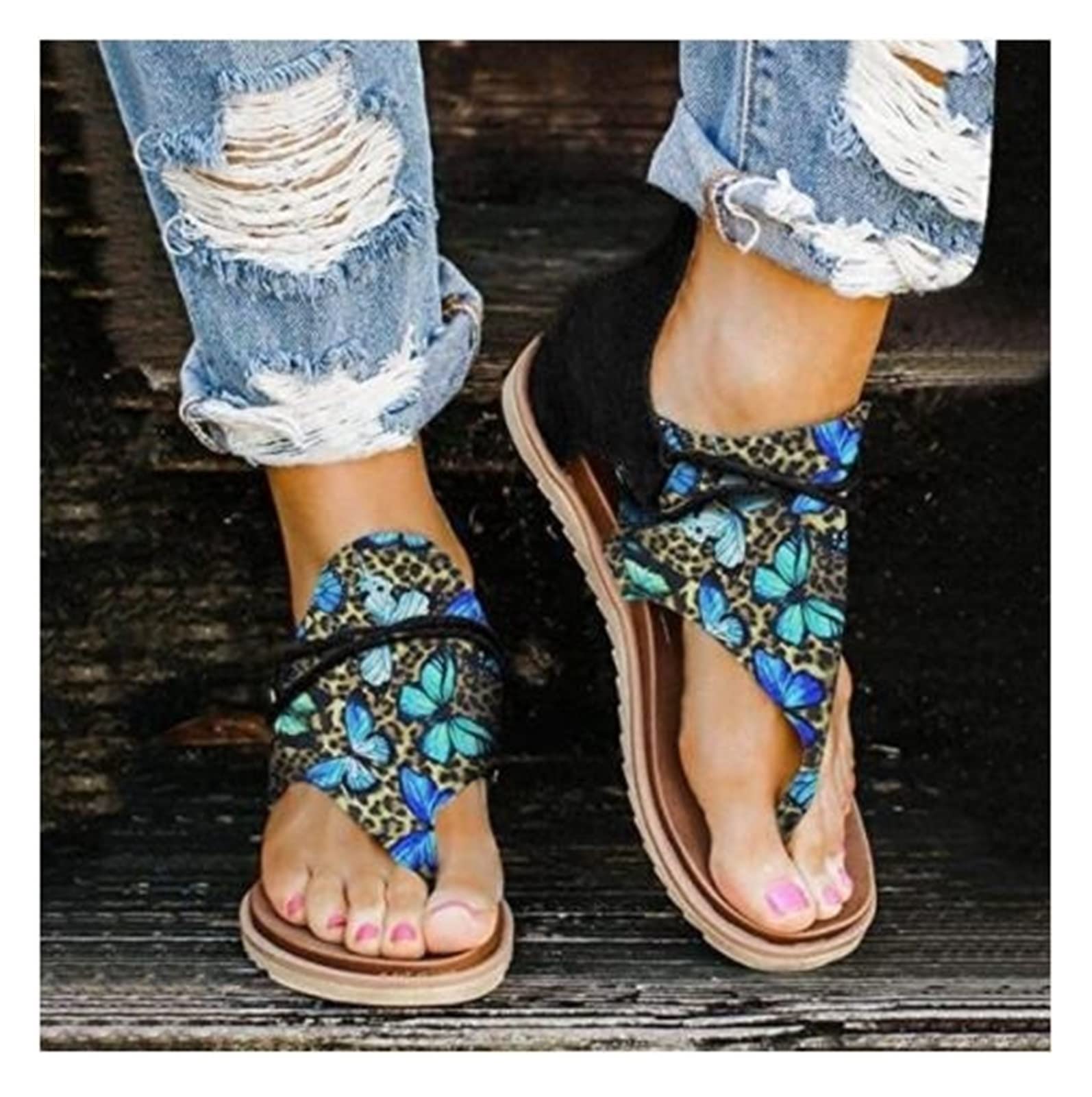 Women's Summer Sandals - Leopard & Floral Print Retro Flip Flops with Butterfly Design | Lightweight Casual Bohemian Thong Sandals for Beach, Outdoor, and Everyday Wear | Roman Gladiator Style Flat Sandalias