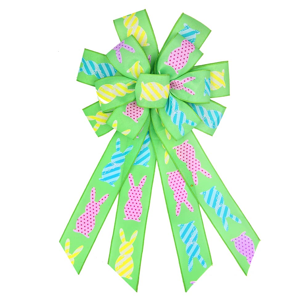 Large Easter Wreath Bows for Front Door Decor - Green Burlap Spring Bow with Rabbit Design for Indoor/Outdoor Wreath & Wall Decorations | Perfect for Easter Home Decor, Spring Parties & Front Porch Decoration