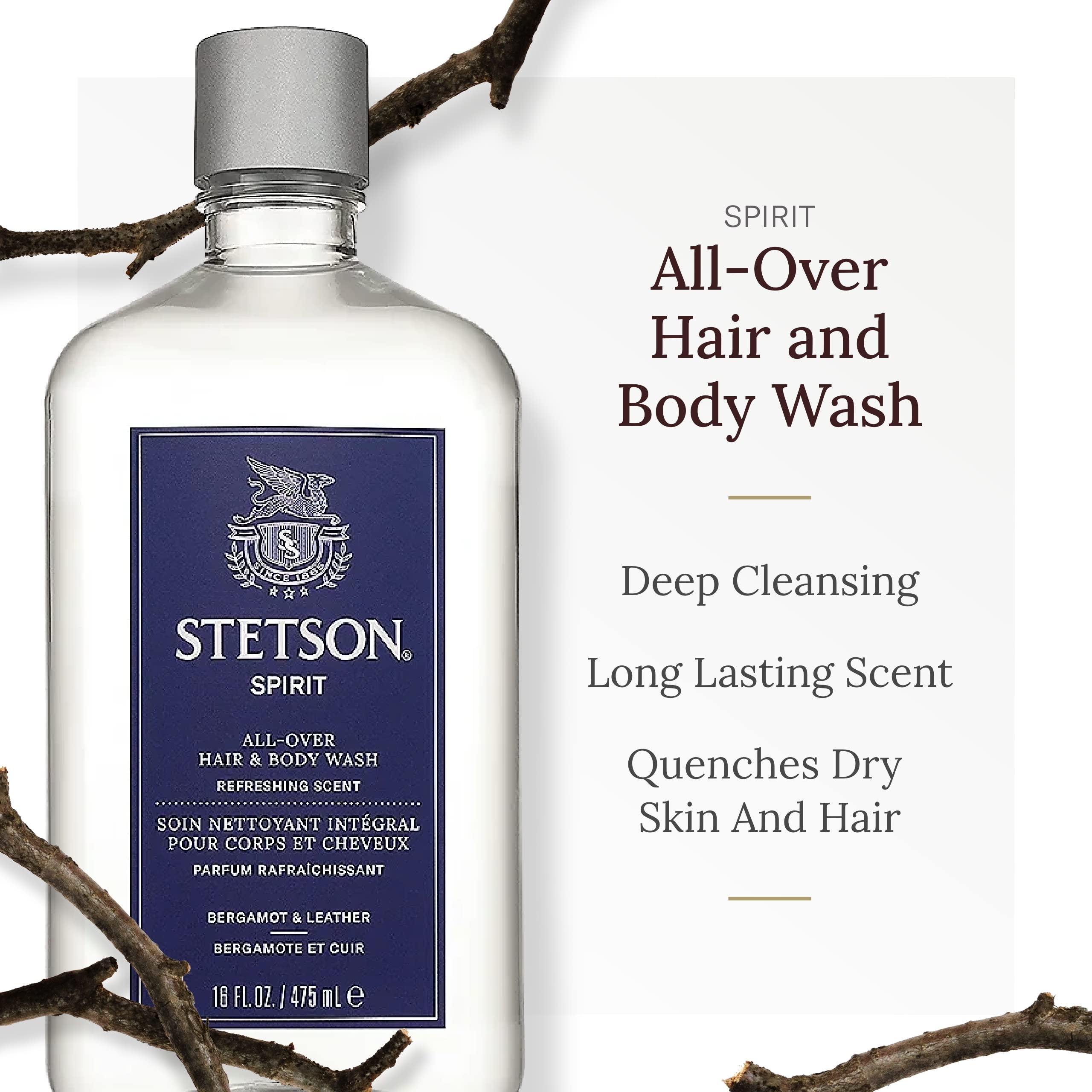Stetson Spirit All Over Hair & Body Wash 3 Pack - Gentle Cleansing for Men & Women - Perfect for Gym, Travel & Daily Shower