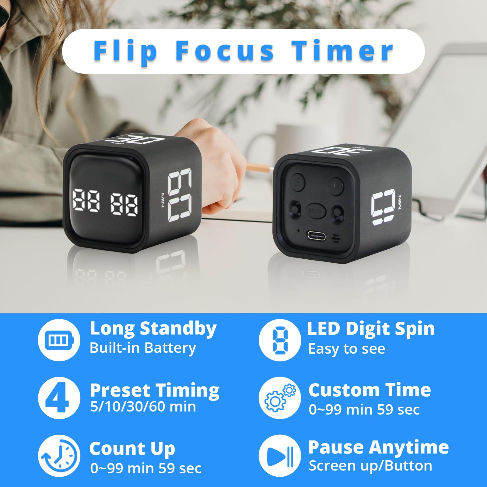 Productivity Timer Cube with Gravity Sensor - Countdown & Countup Timer (Mute/Vibrate/Sound) - 5/10/30/60min & Custom Timing - Ideal for ADHD Focus, Office Work, Study Sessions & Kitchen Cooking