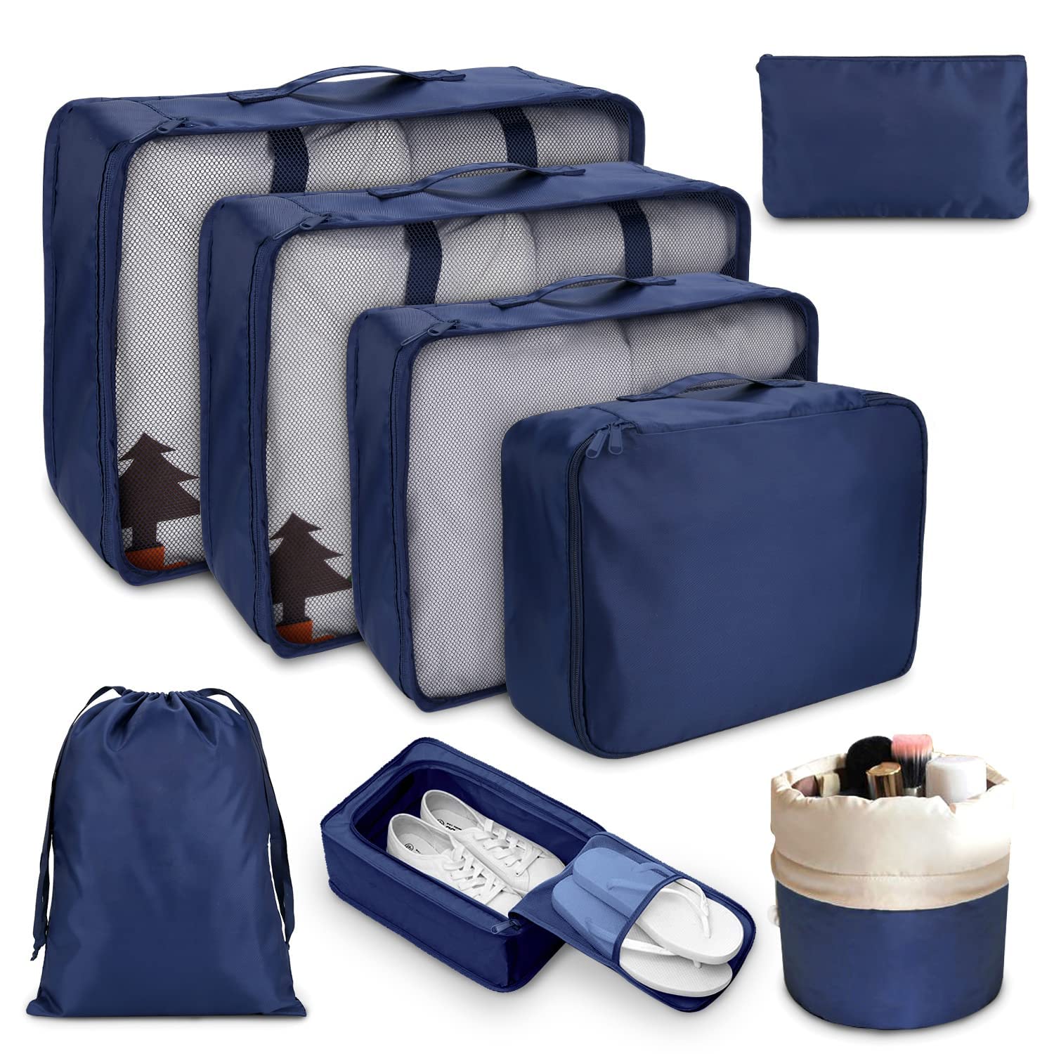 DIMJ 8-Piece Packing Cubes Set - Lightweight Travel Luggage Organizers for Clothes, Shoes, Cosmetics & Toiletries - Compression Packing Cubes (Navy) | Perfect for Suitcase Organization, Business Trips & Family Vacations