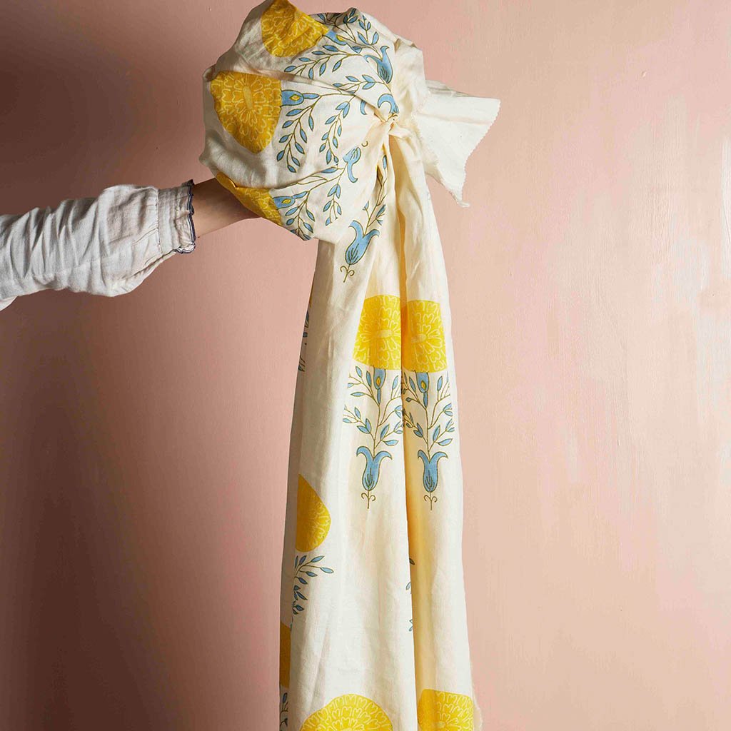 Premium Marigold Block Printed Linen Fabric - Yellow Handmade Cotton Textile for Home Decor, Table Runners & DIY Craft Projects