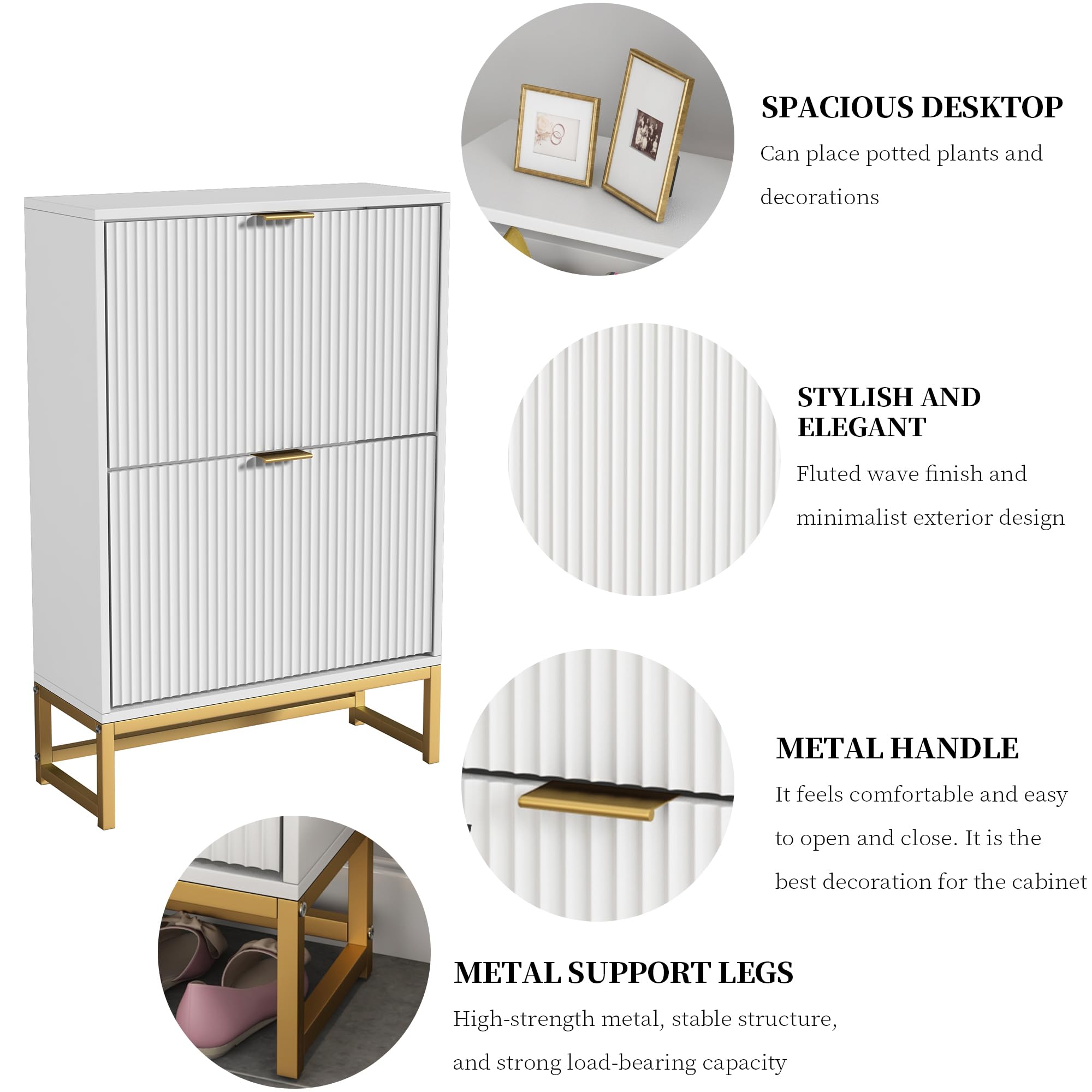 Modern Slim Shoe Cabinet with 2 Flip Drawers - Freestanding Wooden Entryway Shoe Storage Organizer, Narrow Fluted Design for Living Room & Hallway - Perfect for Small Spaces & Apartment Entry (White)