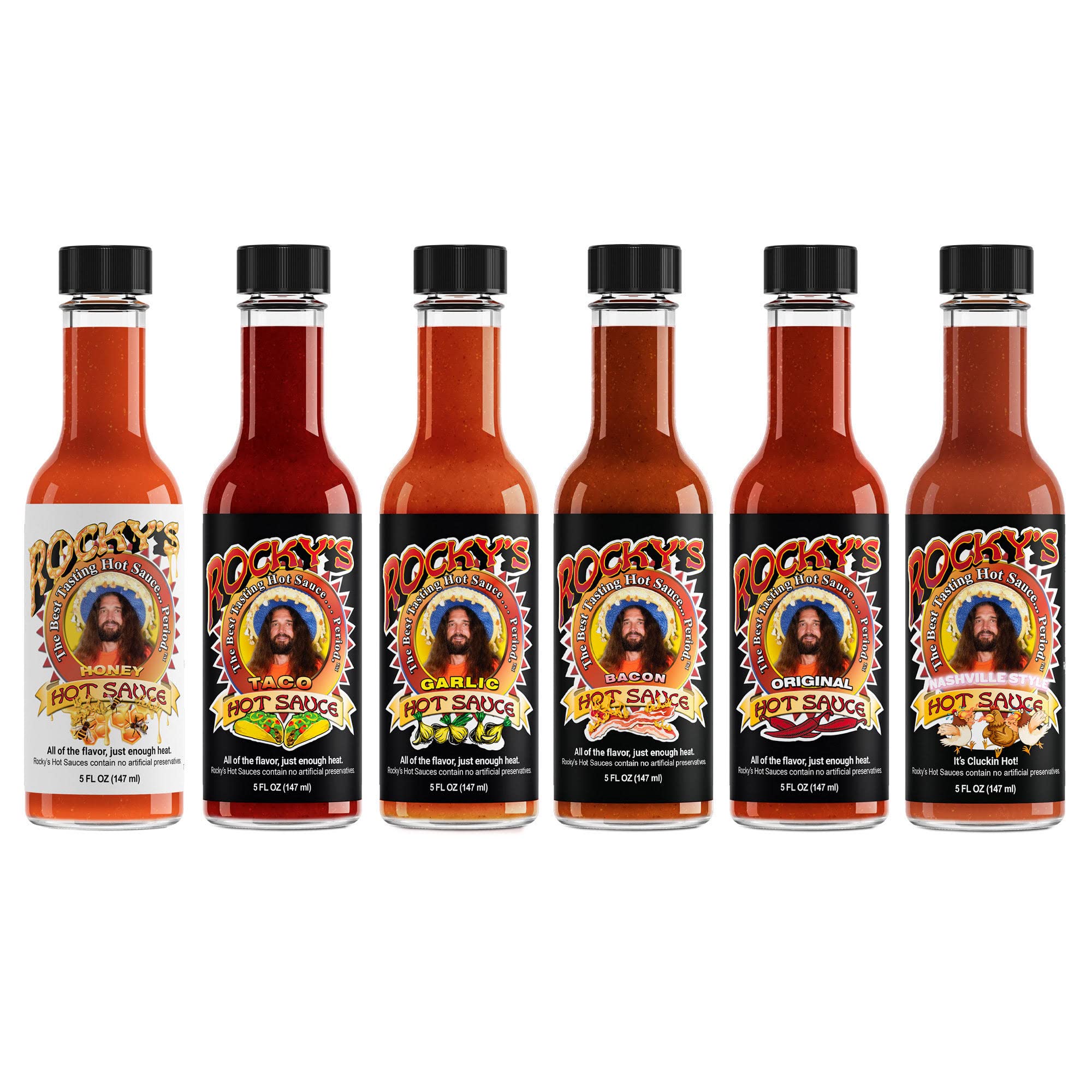 Rocky's Hot Sauce Variety Pack - 6 Bottles of Gourmet Red Chili Sauce with Perfectly Balanced Heat - Ideal for Tacos, Wings, Burgers & Spicy Food Lovers