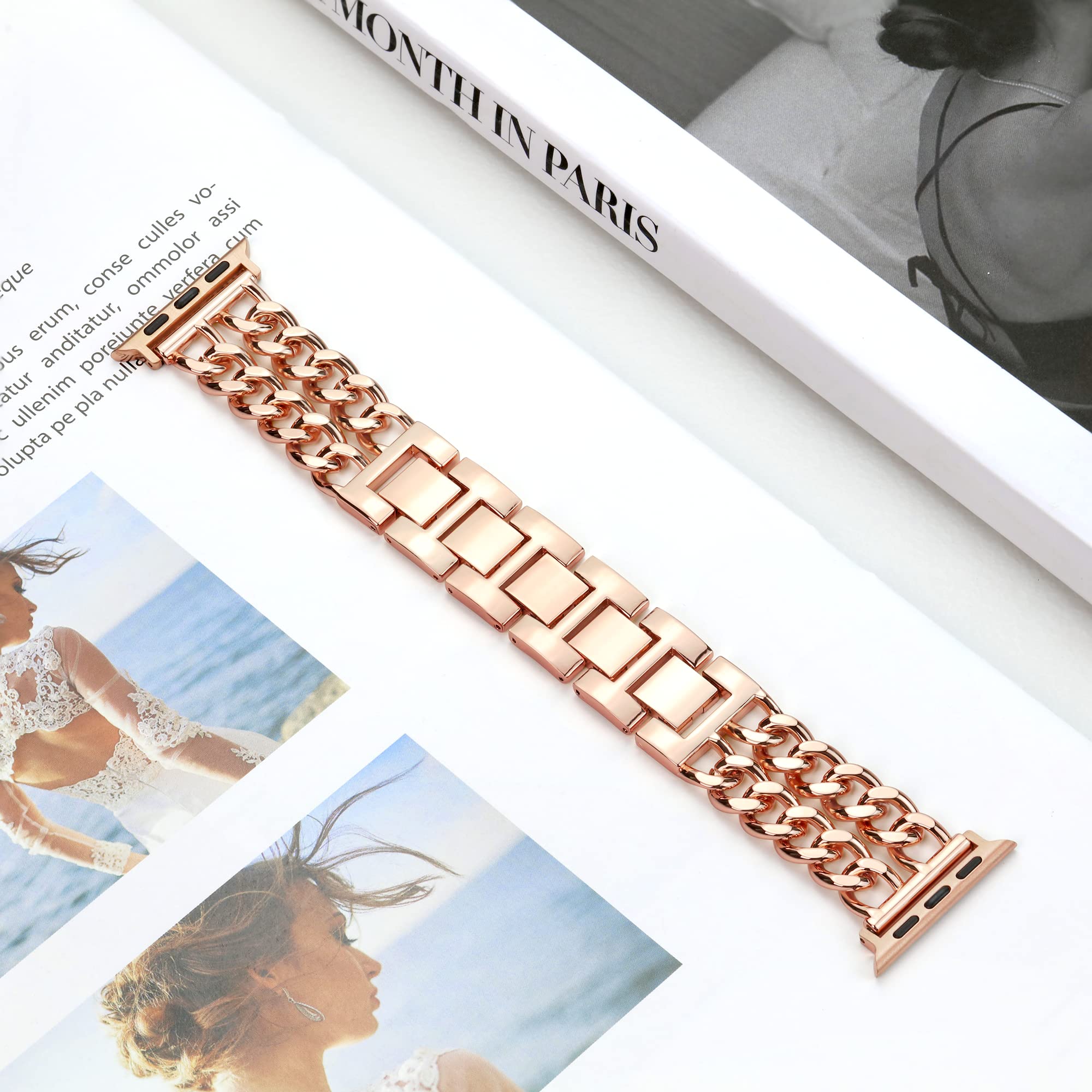 Elegant Rose Gold Double Chain Metal Apple Watch Band - Compatible with Apple Watch Ultra 2/1, SE, Series 10/9/8/7/6/5/4/3/2/1 (40mm 41mm 42mm 38mm) - Stylish Unisex Bracelet for Work, Parties & Everyday Wear