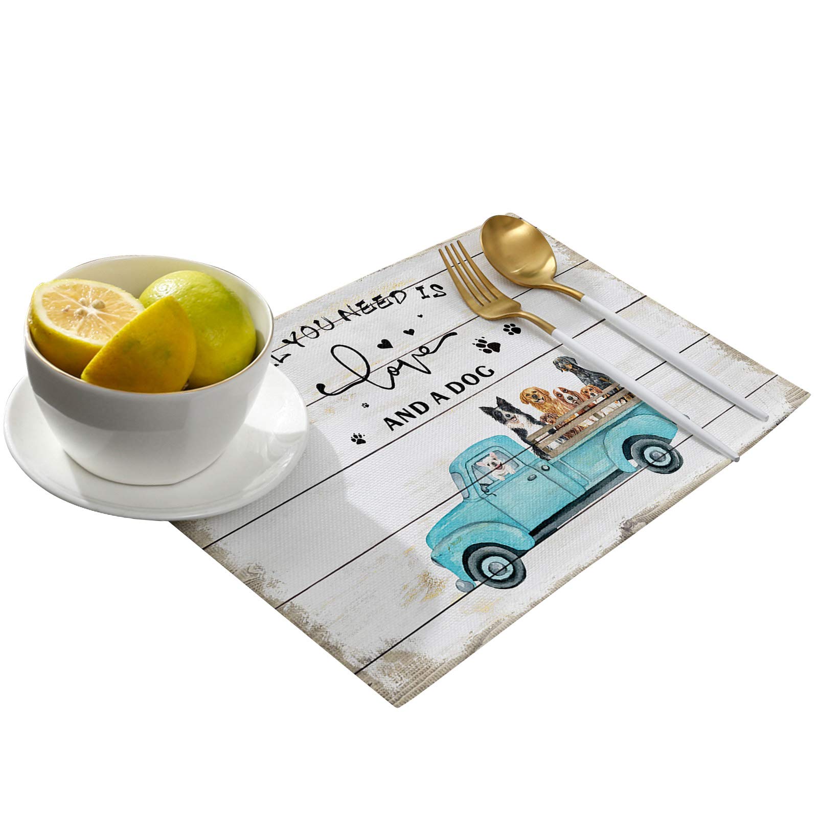 Farmhouse Blue Truck with Pet Dogs Placemats Set of 4 - Stain Resistant Washable Table Mats for Kitchen & Dining - Rustic Wood Grain Design - Perfect for Farmhouse Decor, Family Meals, and Holiday Gatherings